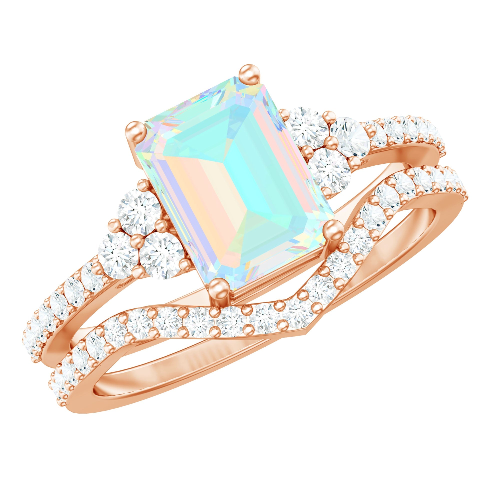 6X8 mm Emerald Cut Ethiopian Opal Classic Ring Set with Diamond Band