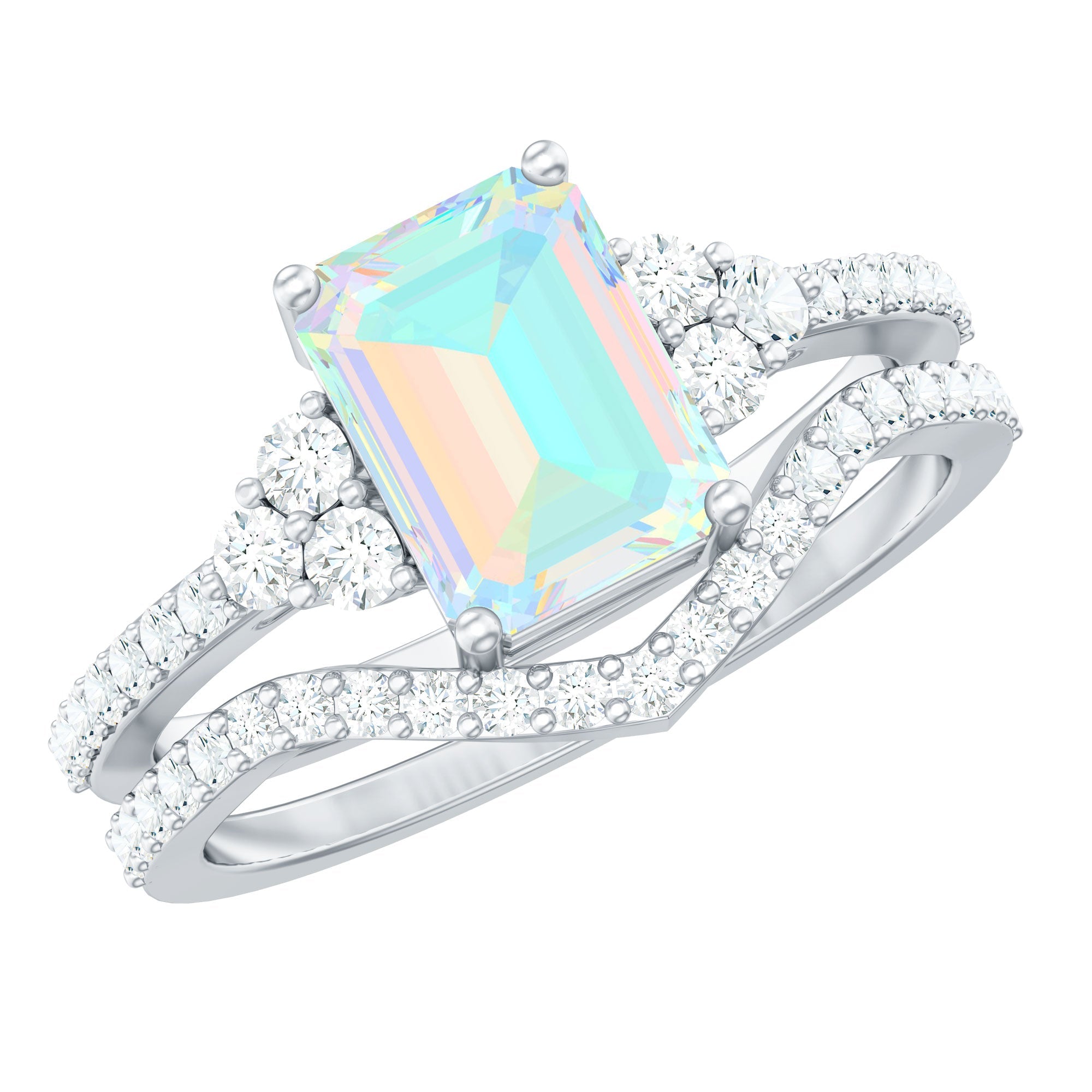 6X8 mm Emerald Cut Ethiopian Opal Classic Ring Set with Diamond Band