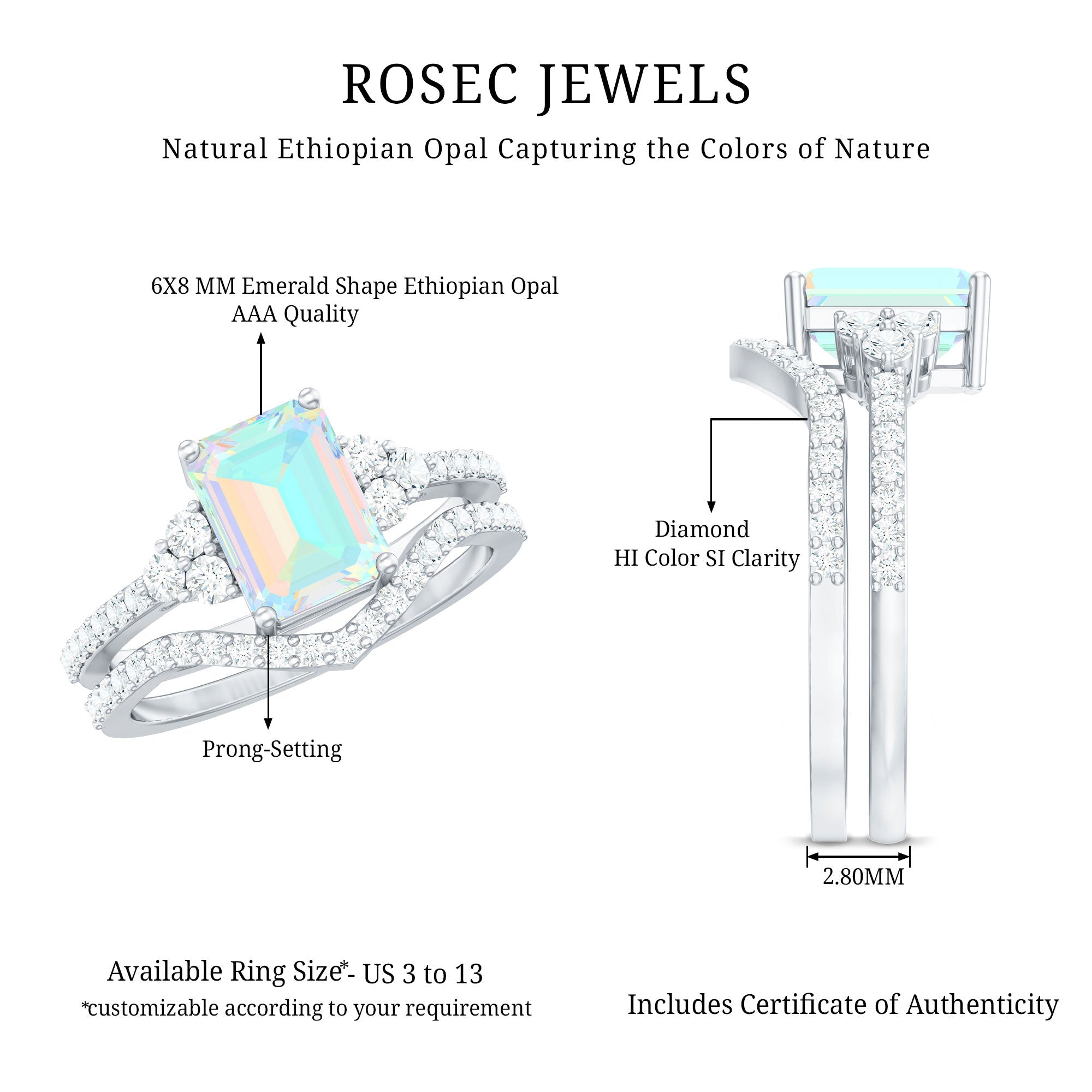 6X8 mm Emerald Cut Ethiopian Opal Classic Ring Set with Diamond Band