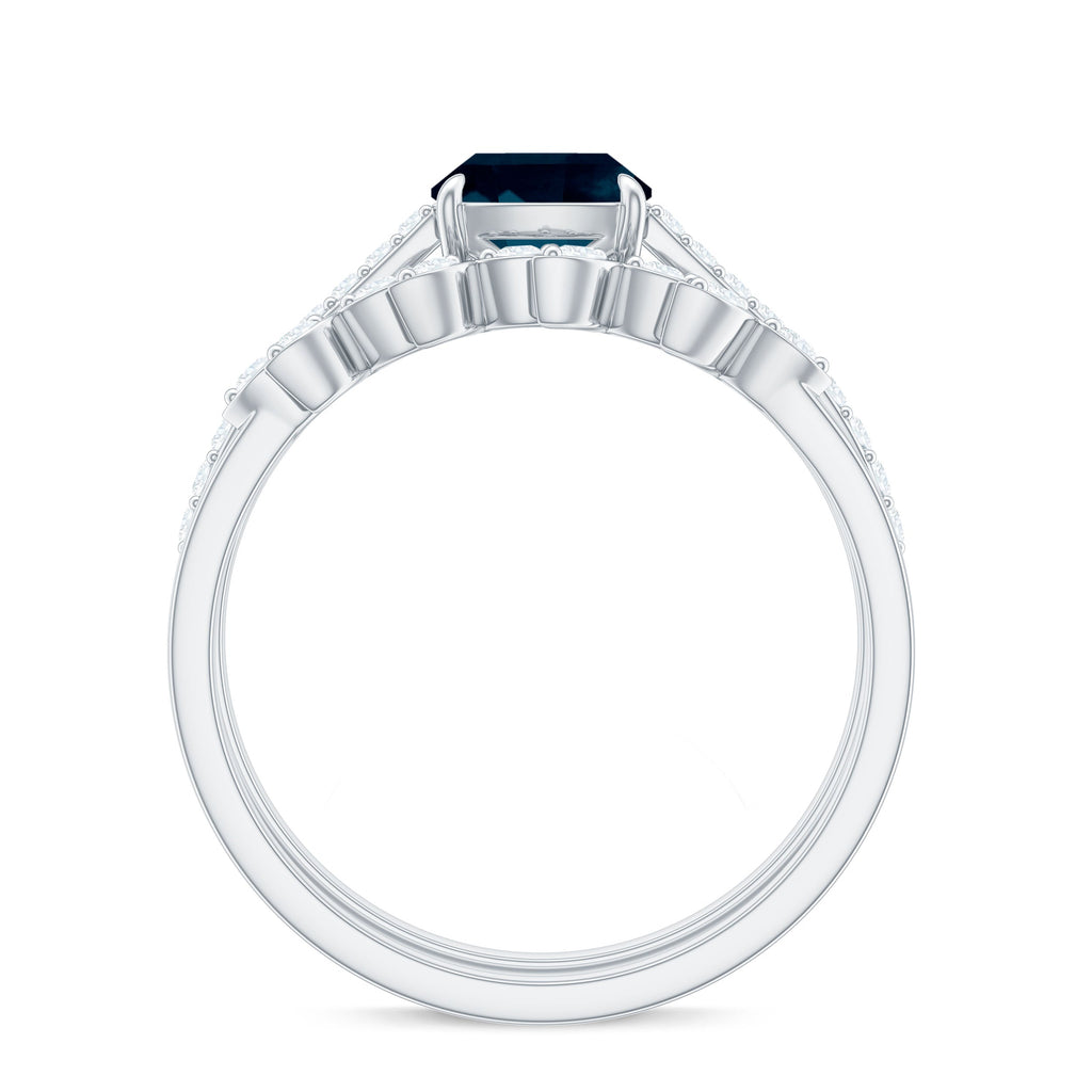 8mm Cushion Cut London Blue Topaz and Diamond Engagement Ring with Wedding Band