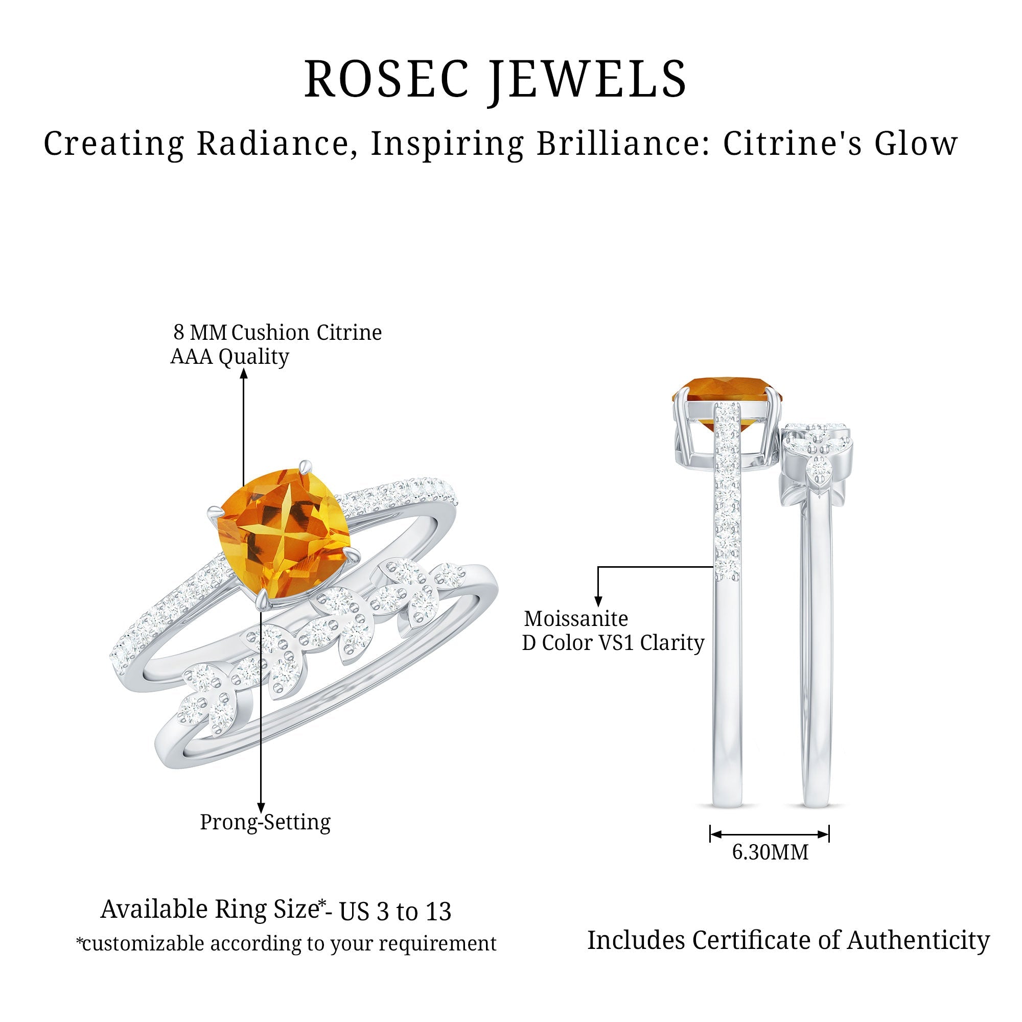 Certified Citrine and Diamond Wedding Bridal Ring Set of 2