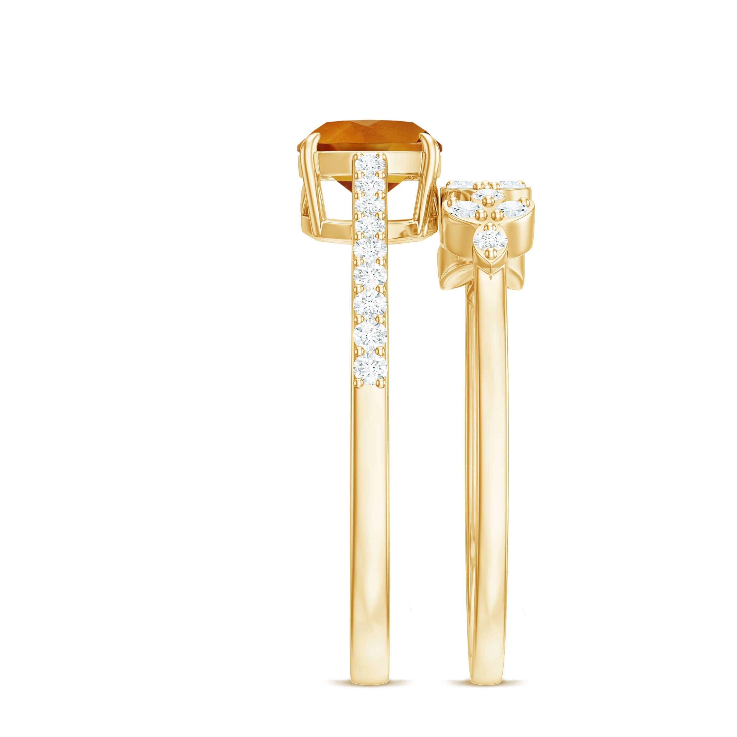 Certified Citrine and Diamond Wedding Bridal Ring Set of 2