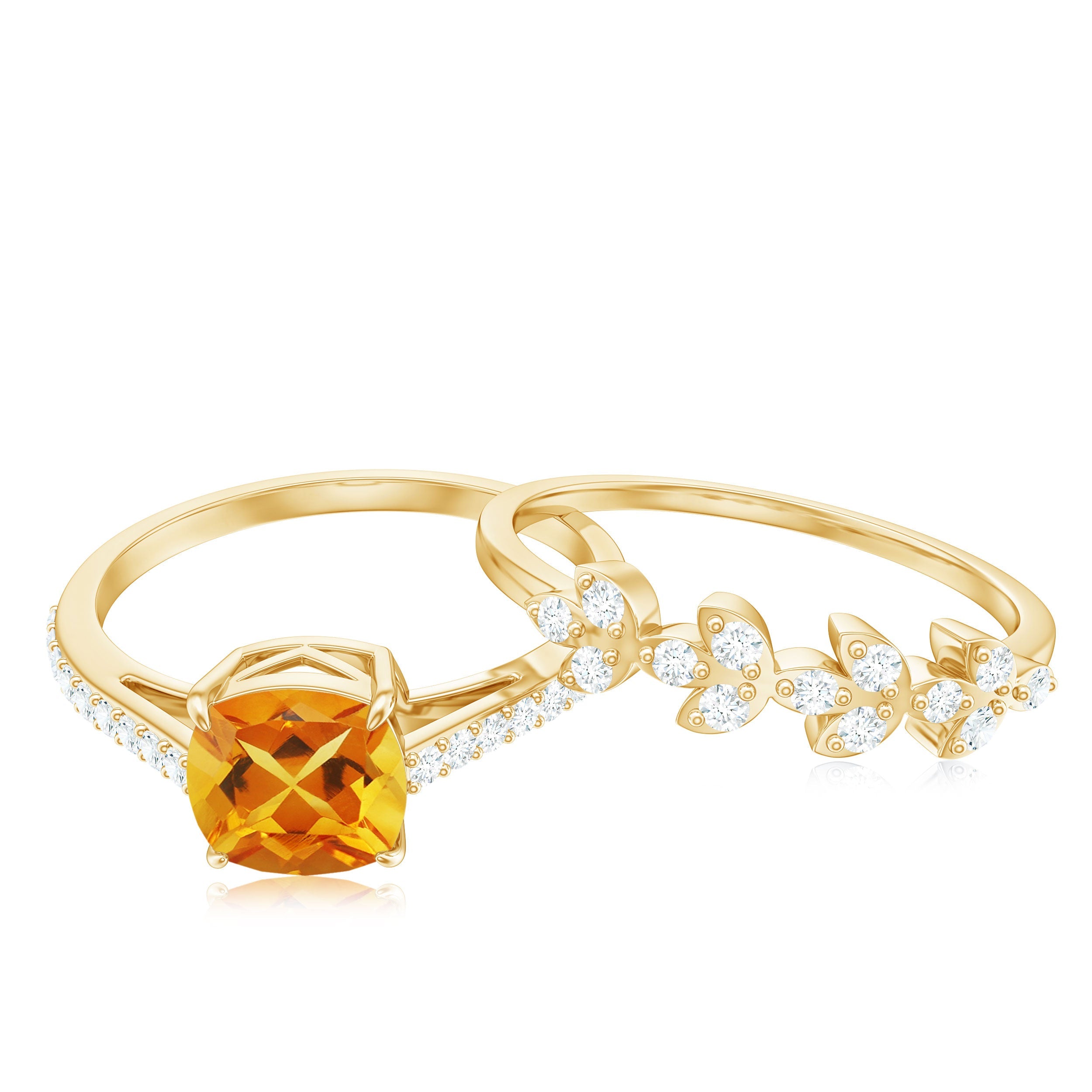 Certified Citrine and Diamond Wedding Bridal Ring Set of 2