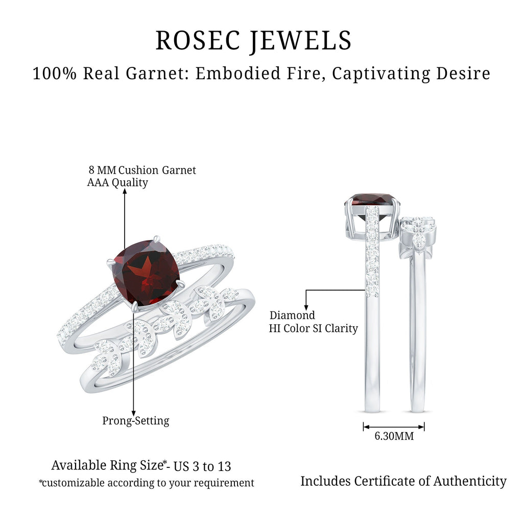 Natural Cushion Cut Garnet Diamond Wedding Bridal Ring Set of 2