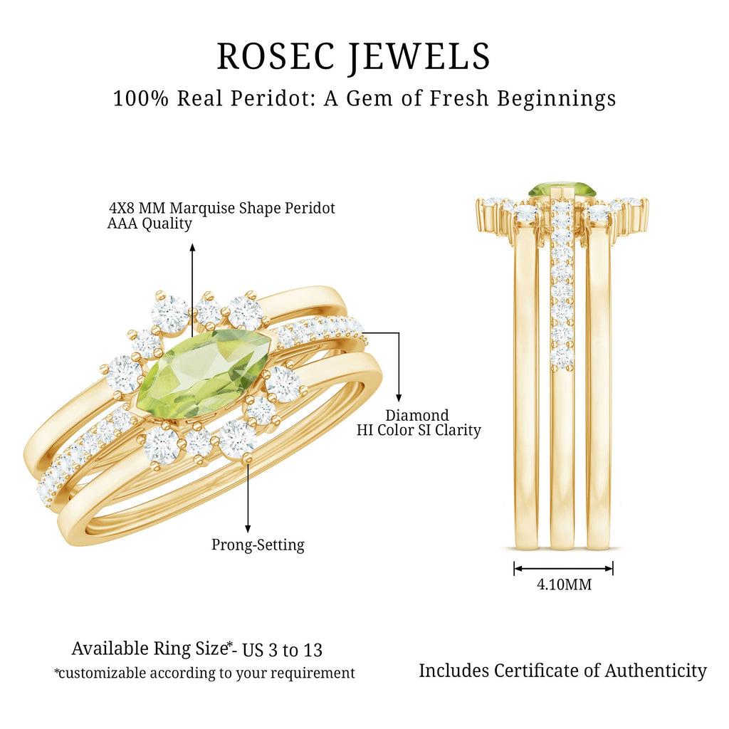 East West Style Peridot 3 Piece Bridal Ring Set with Diamond