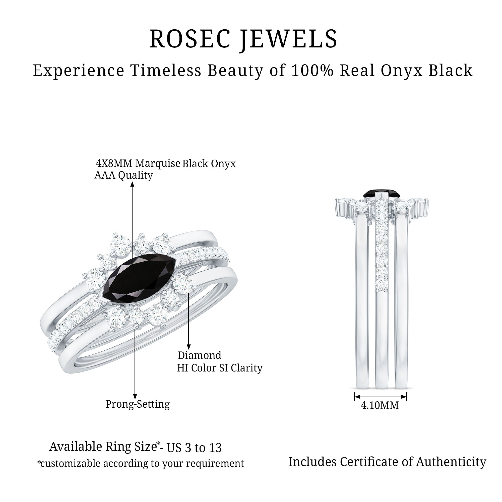 East West Set Black Onyx and Diamond Trio Wedding Ring Set