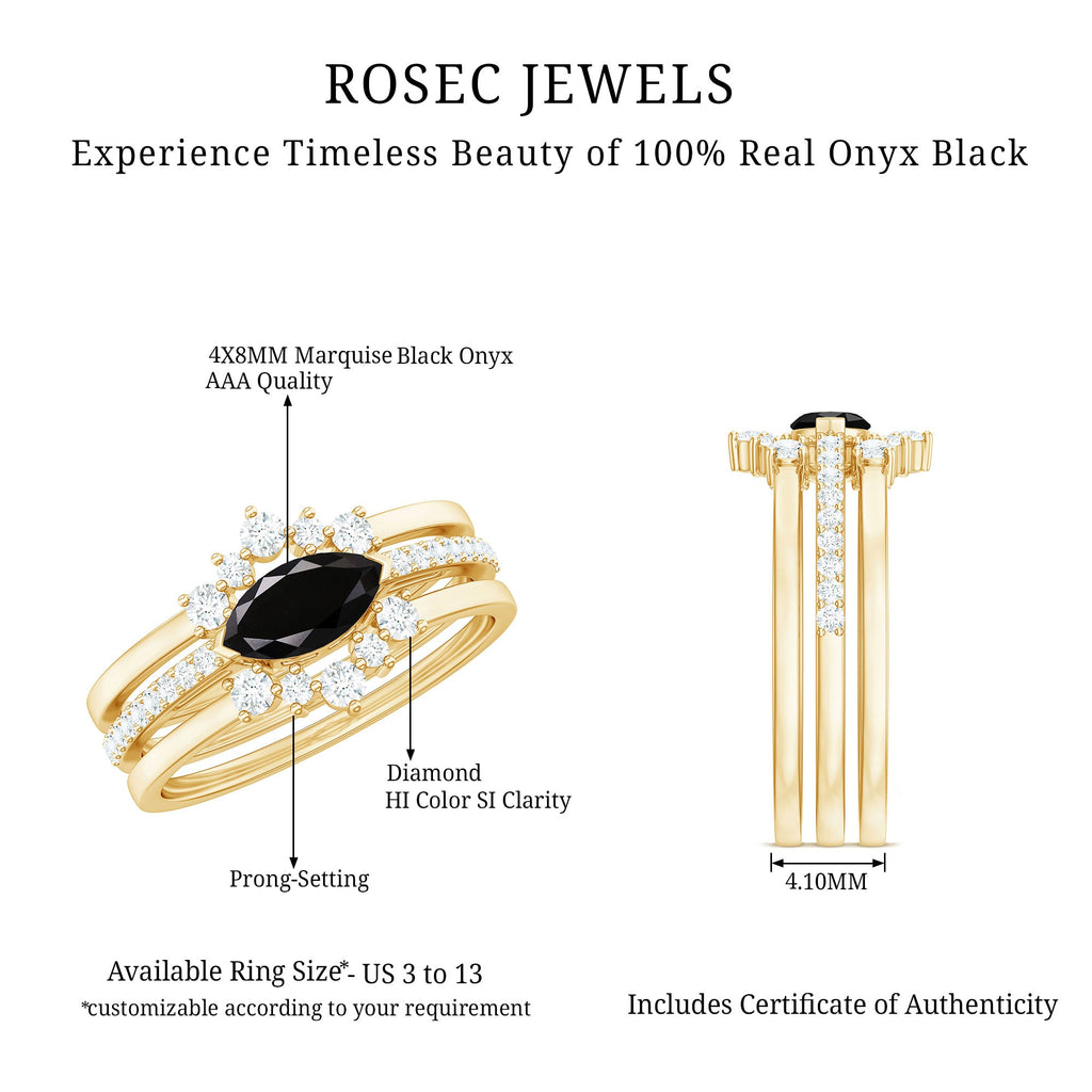 East West Set Black Onyx and Diamond Trio Wedding Ring Set