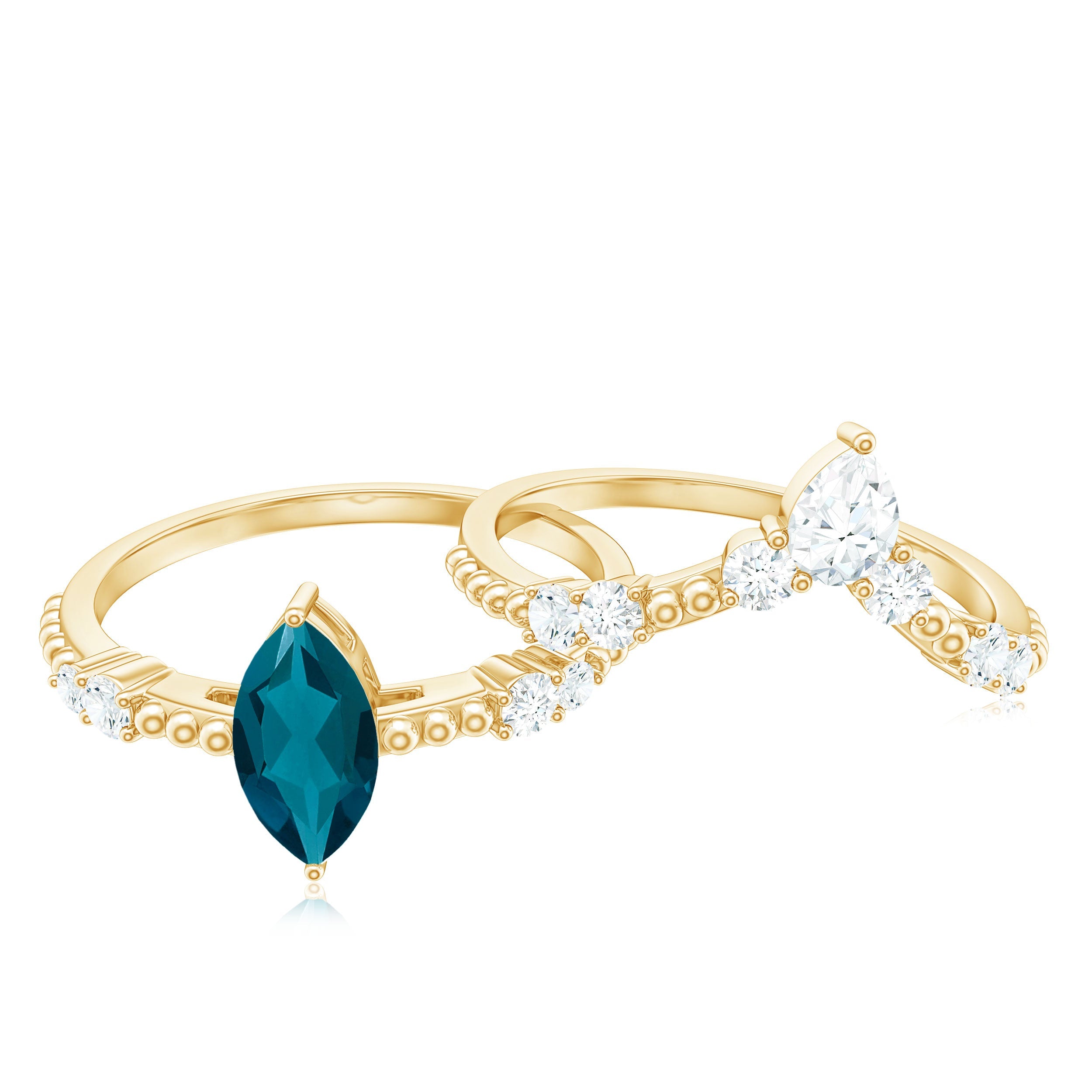London Blue Topaz and Diamond Wedding Ring Set with Beaded Details