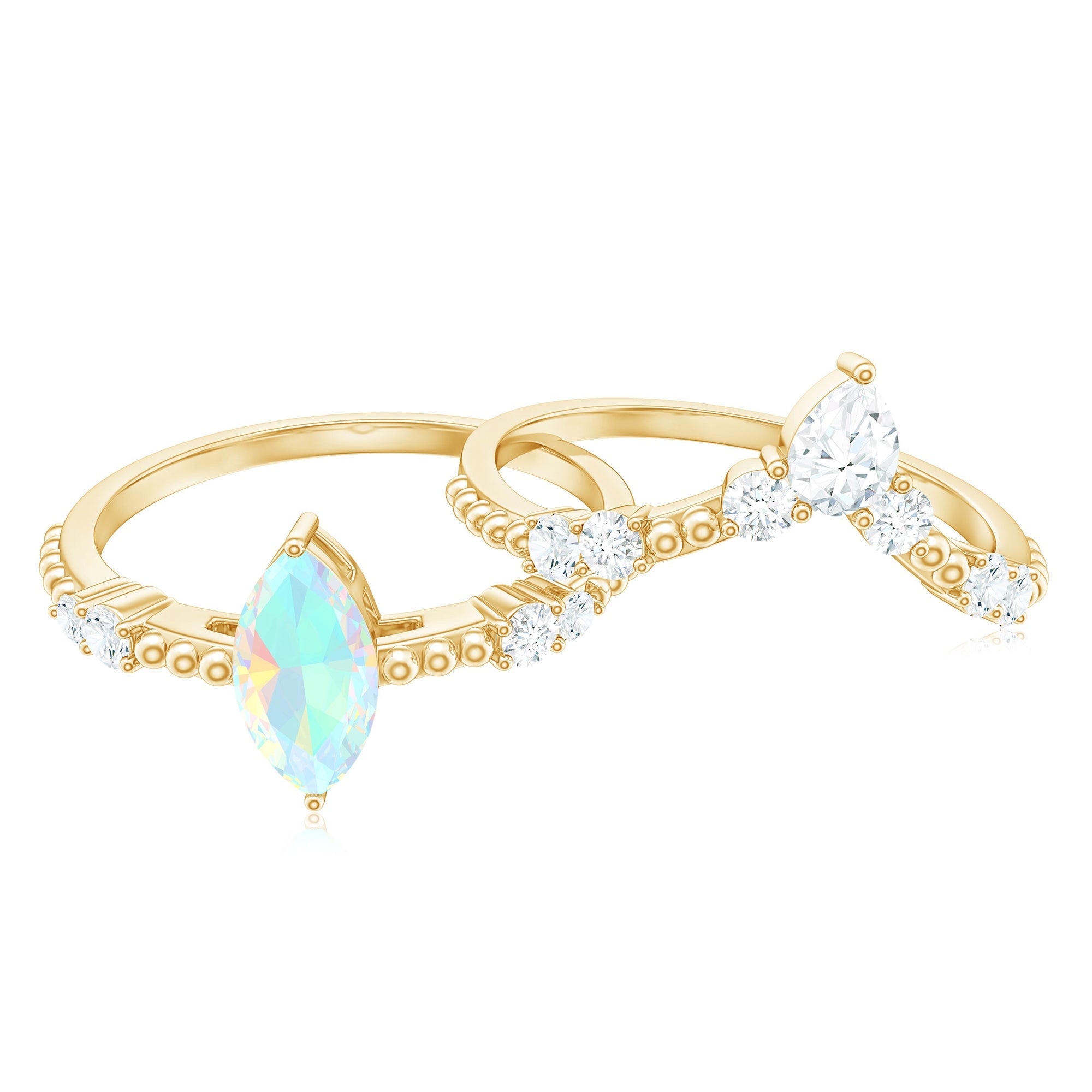 Certified Real Ethiopian Opal Marquise Engagement Wedding Ring Set of 2
