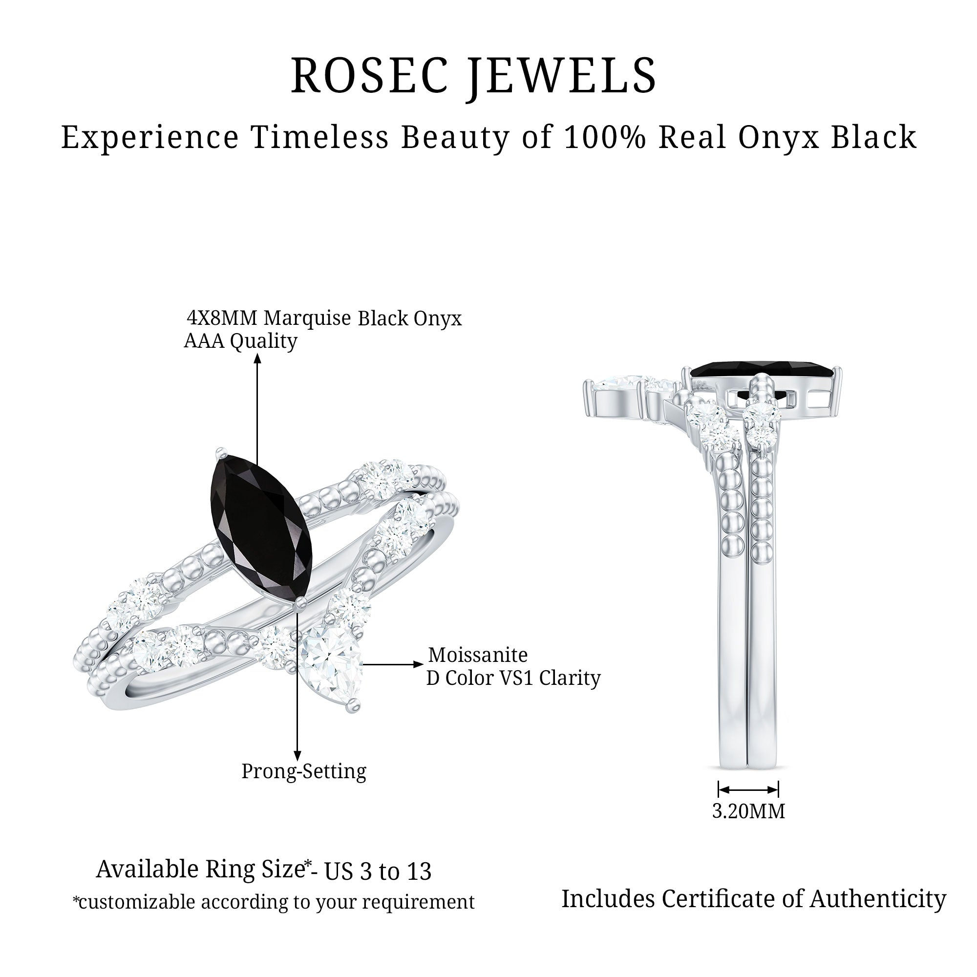 4x8mm Marquise Cut Black Onyx Solitaire Ring Set with Moissanite Band