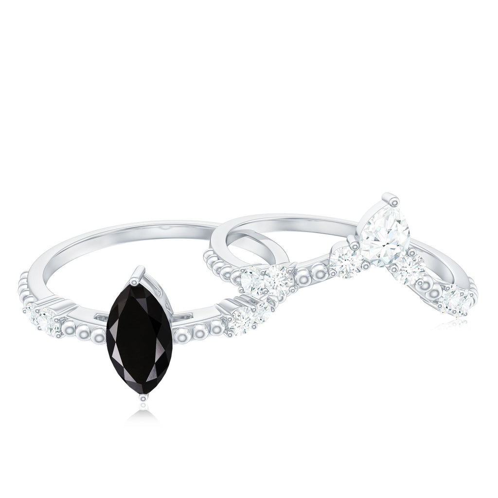 4x8mm Marquise Cut Black Onyx Solitaire Ring Set with Moissanite Band