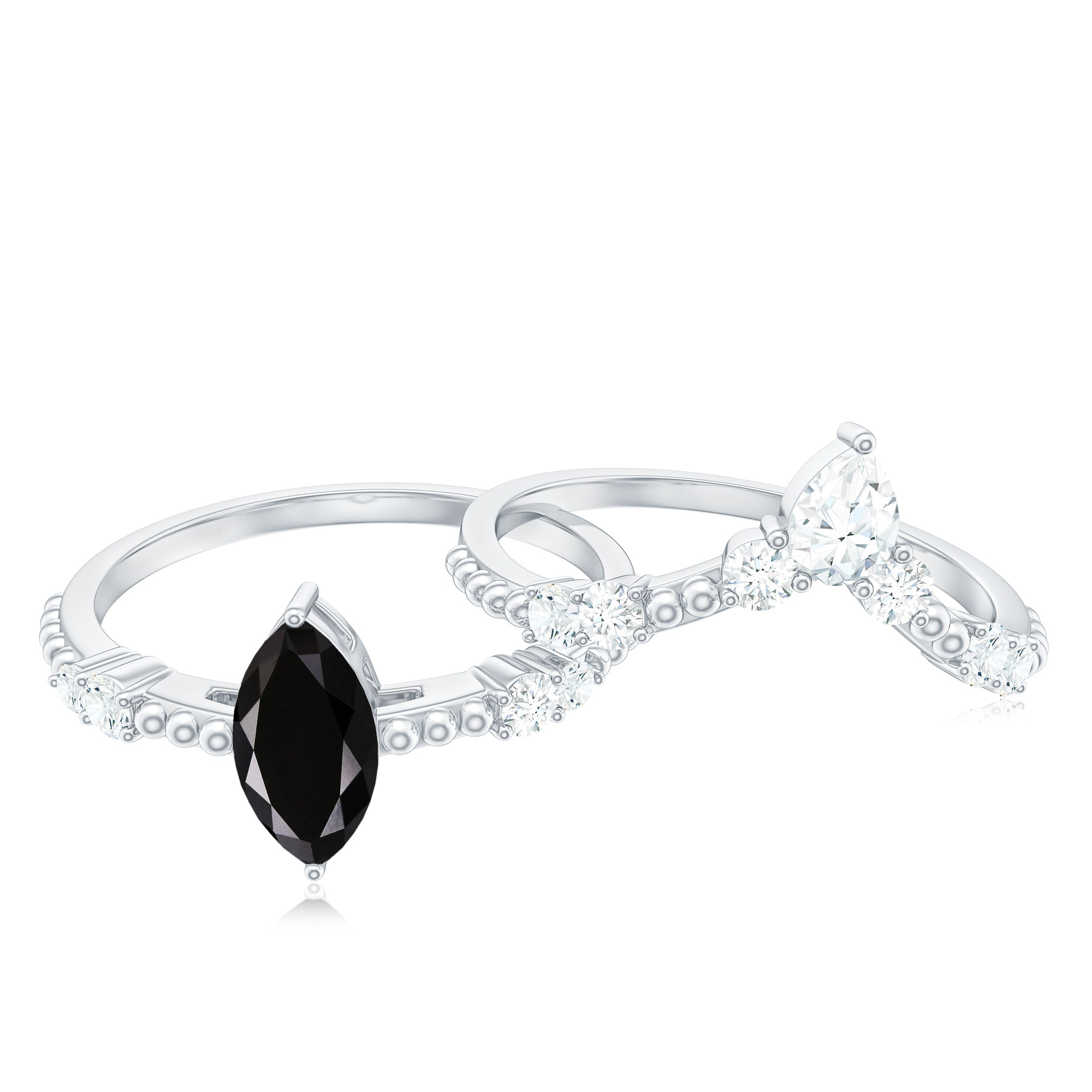 4x8mm Marquise Cut Black Onyx Solitaire Ring Set with Moissanite Band