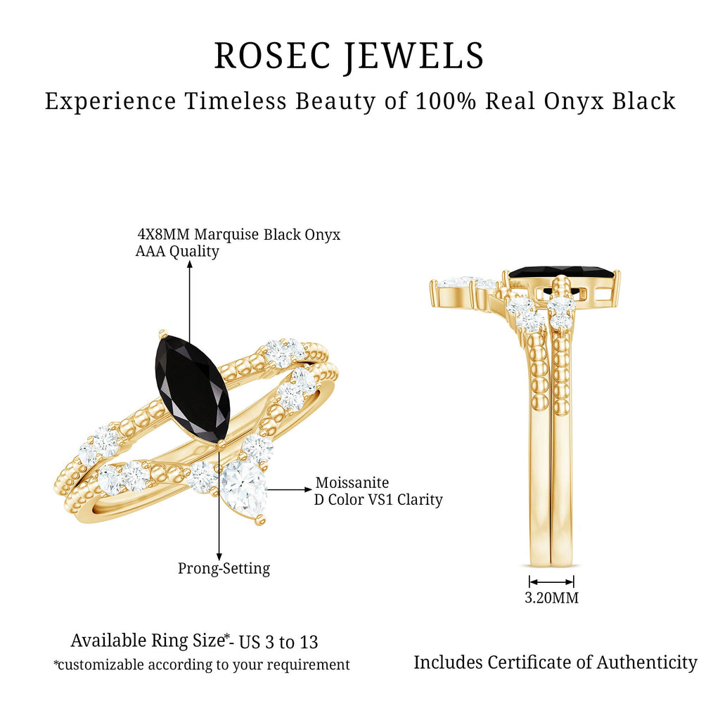 4x8mm Marquise Cut Black Onyx Solitaire Ring Set with Moissanite Band