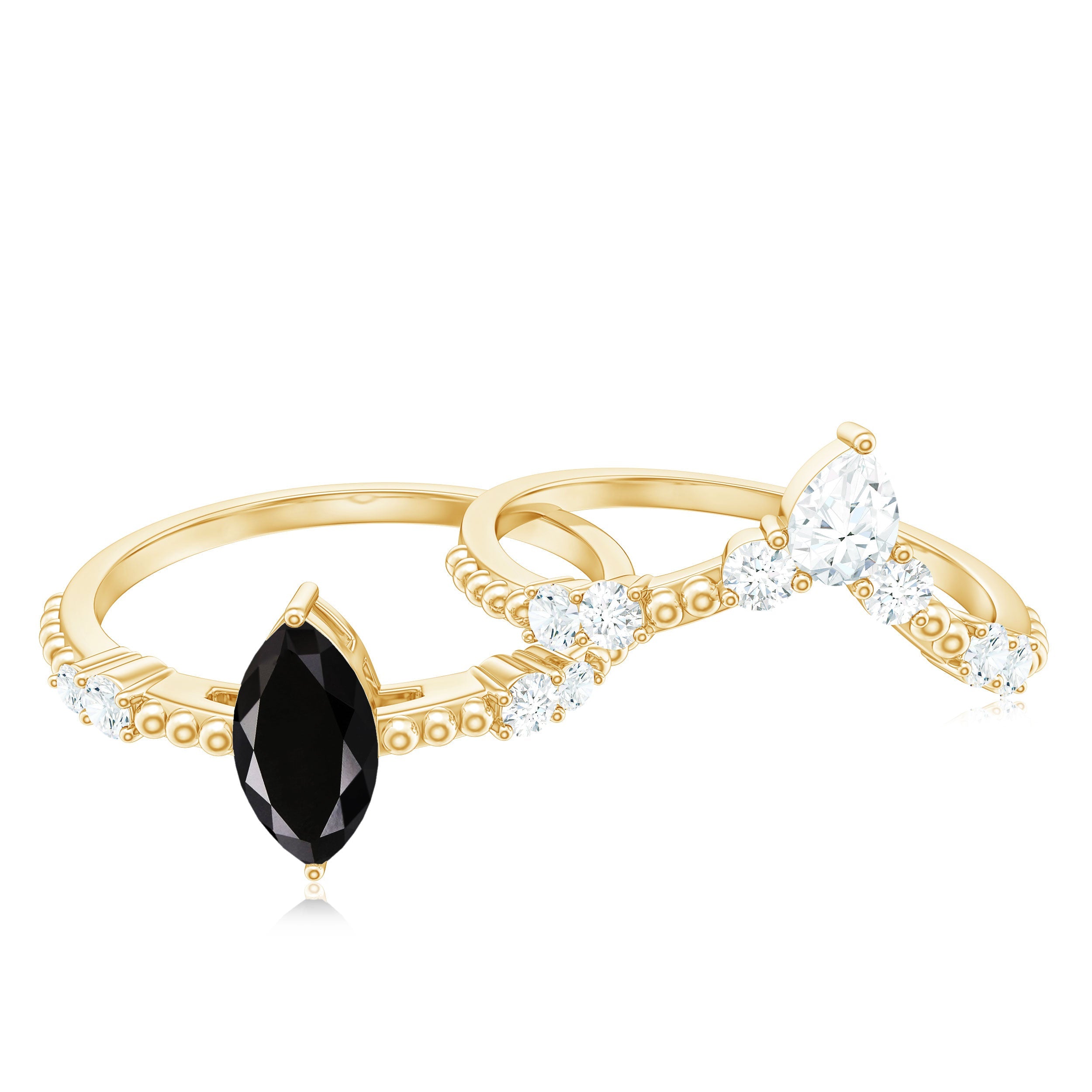 4x8mm Marquise Cut Black Onyx Solitaire Ring Set with Moissanite Band