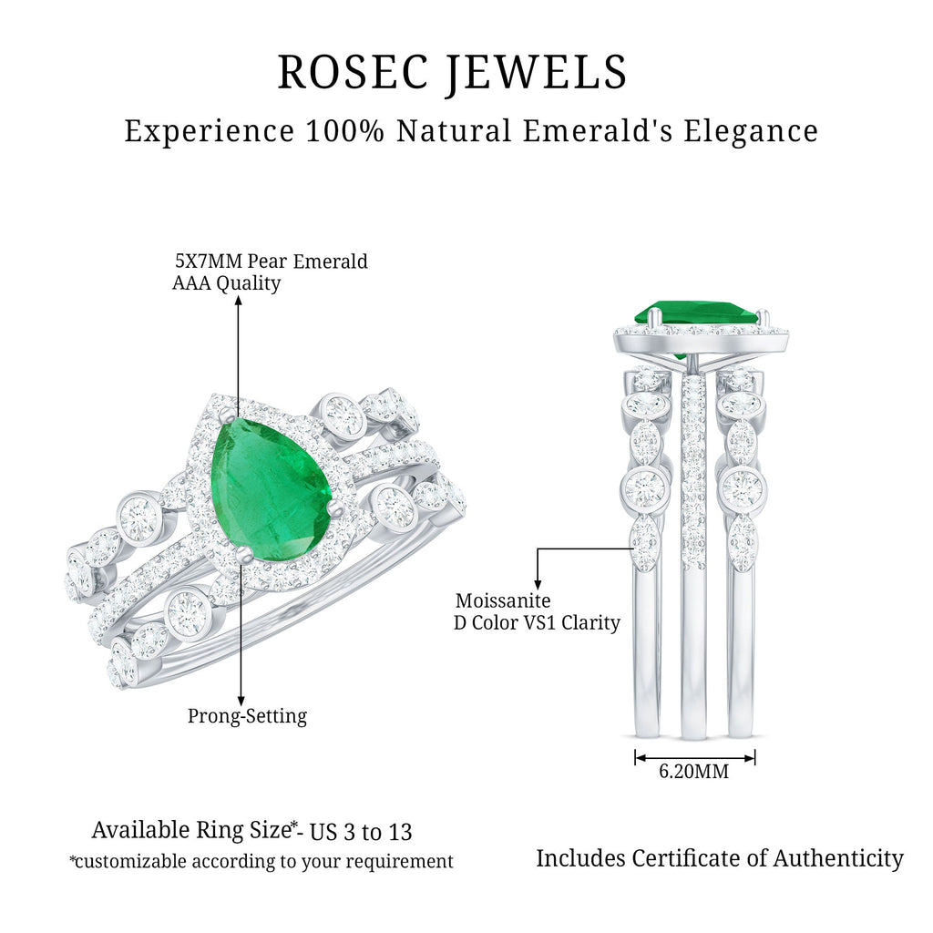Natural Emerald Teardrop Engagement Ring and Wedding Band Set of 3