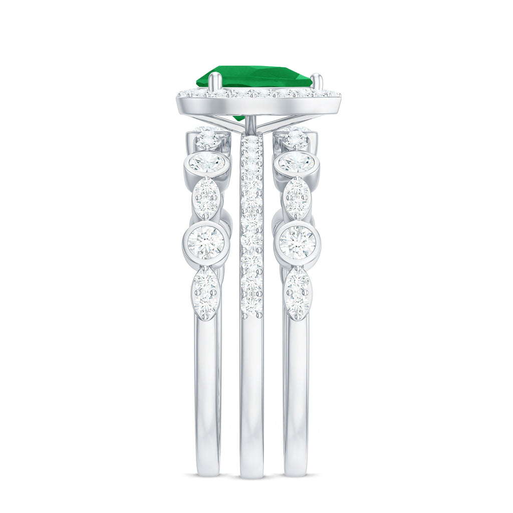 Natural Emerald Teardrop Engagement Ring and Wedding Band Set of 3