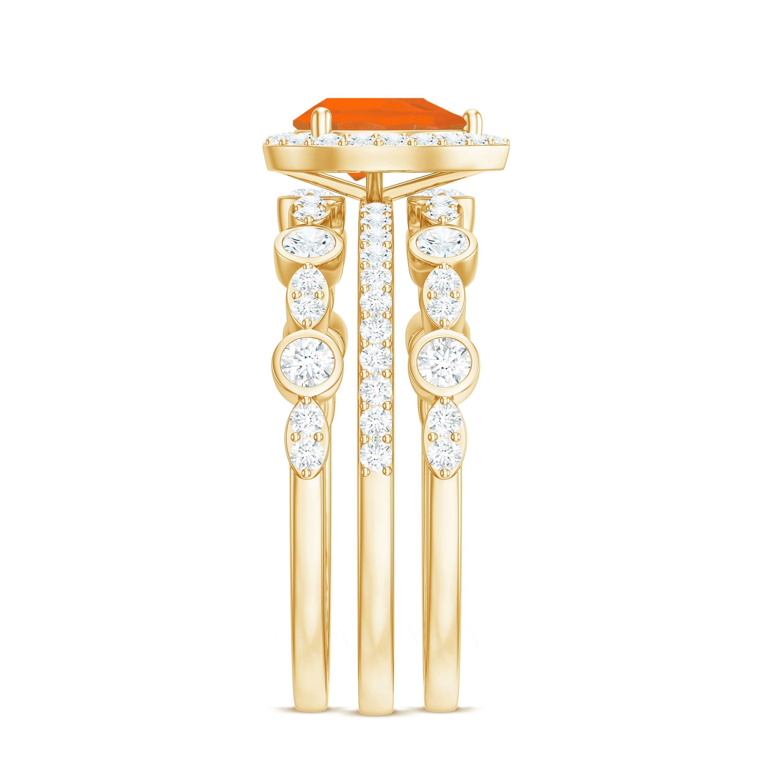 Pear Cut Fire Opal Bridal Trio Ring Set with Moissanite Band