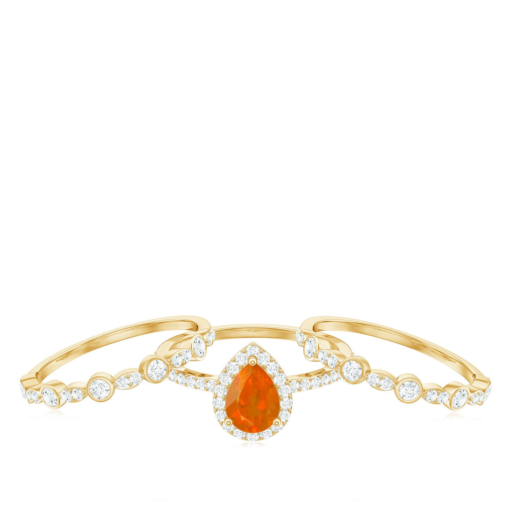 Pear Cut Fire Opal Bridal Trio Ring Set with Moissanite Band