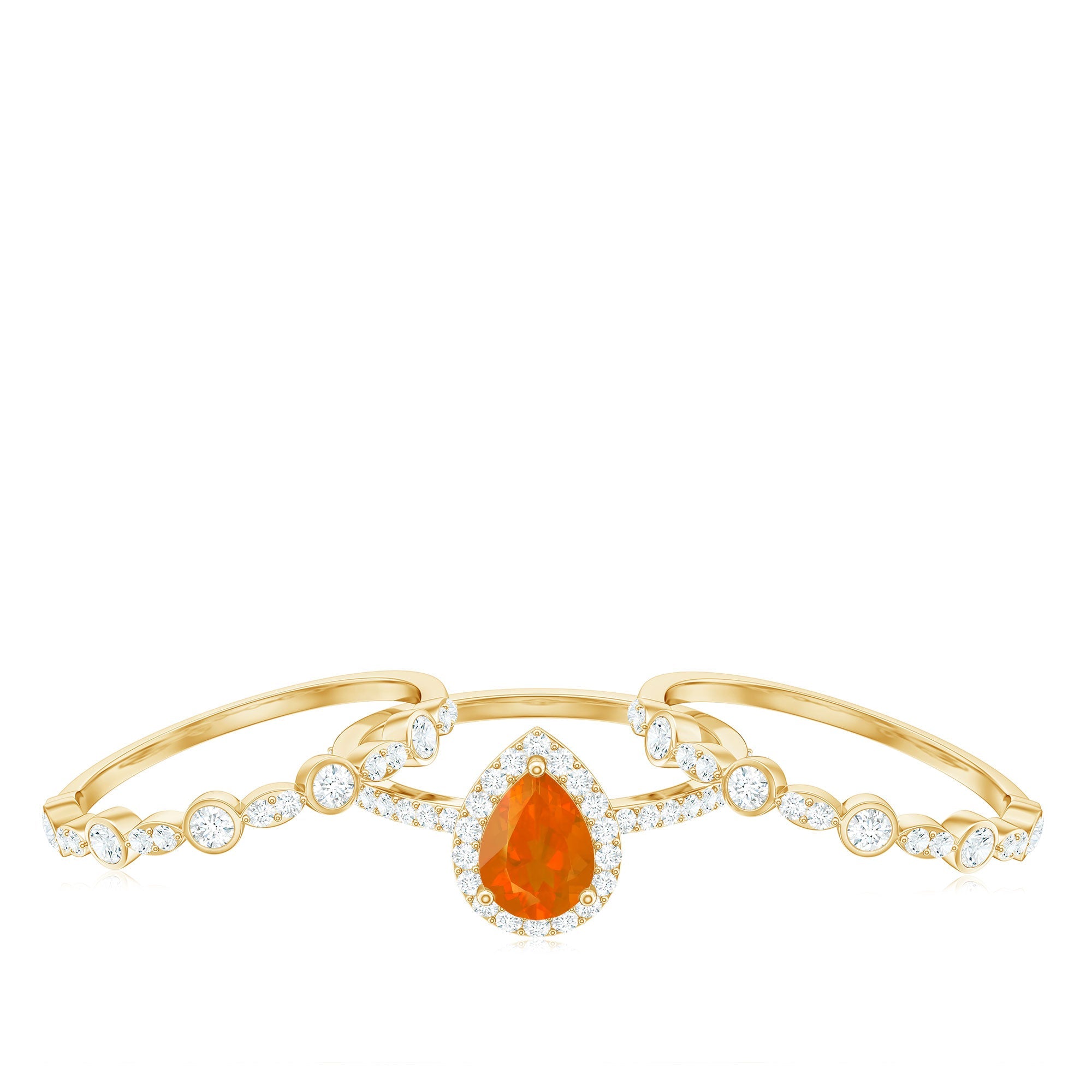 Pear Cut Fire Opal Bridal Trio Ring Set with Moissanite Band