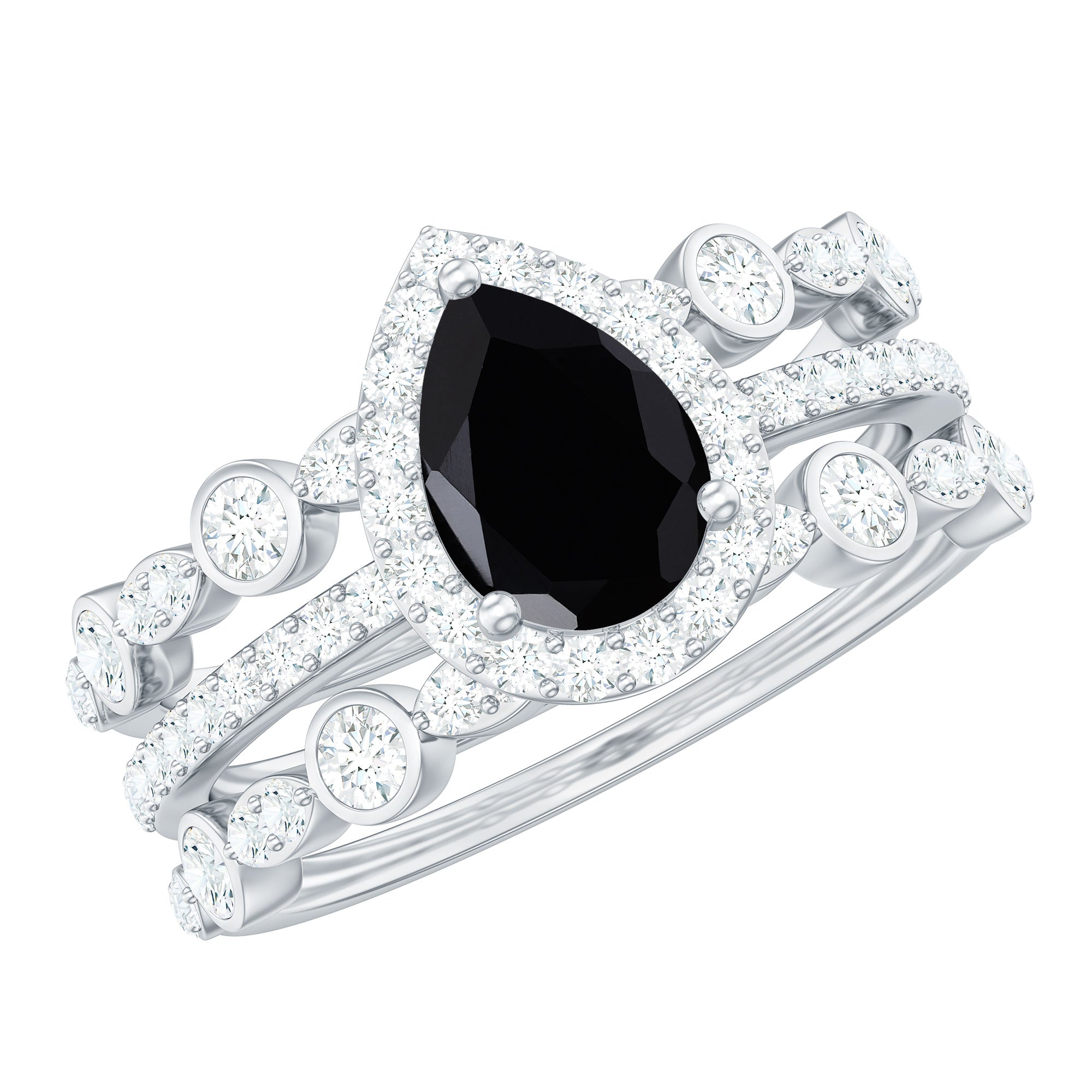 6x8mm Pear Cut Black Onyx Statement Ring Set with Moissanite Bands