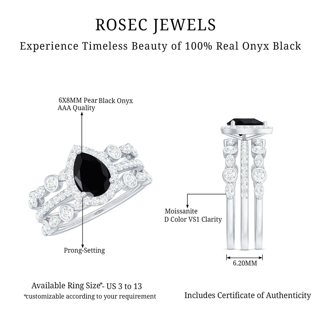6x8mm Pear Cut Black Onyx Statement Ring Set with Moissanite Bands