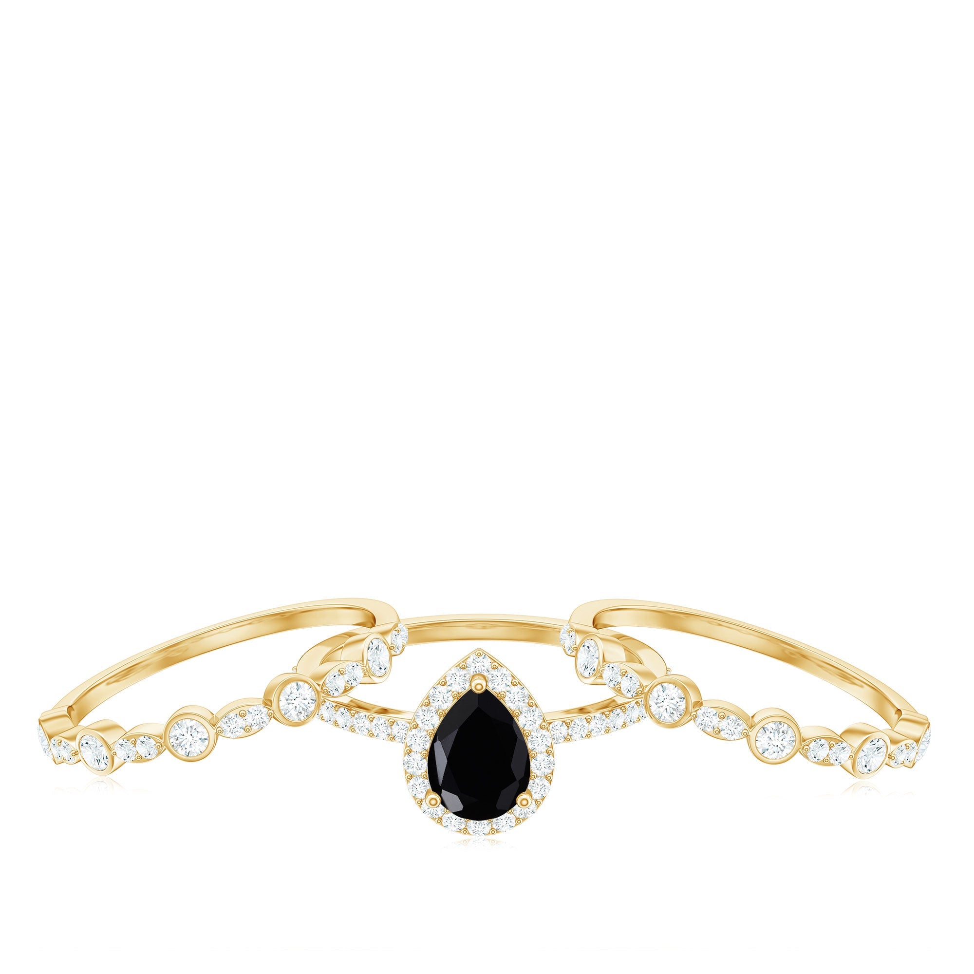 6x8mm Pear Cut Black Onyx Statement Ring Set with Moissanite Bands