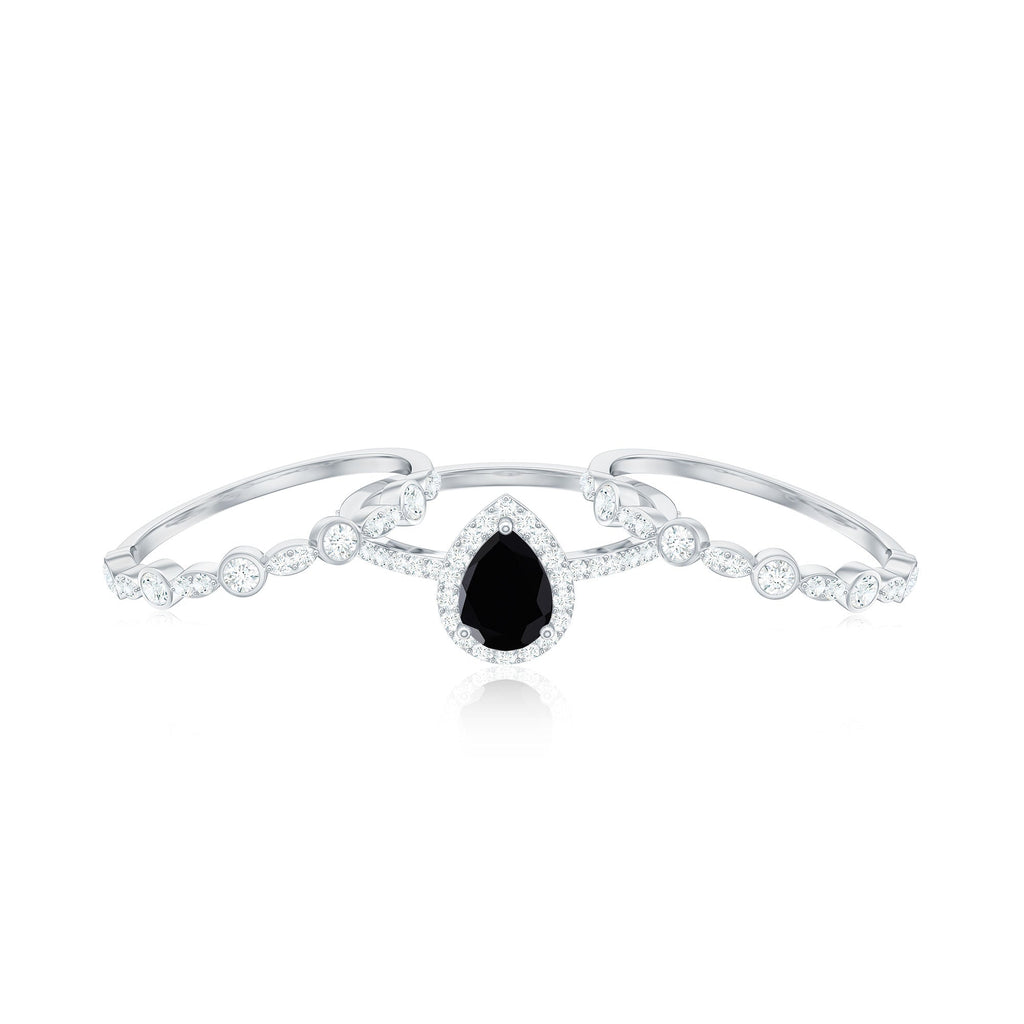 Natural Pear Shape Black Spinel Moissanite Bridal Ring Set of 3