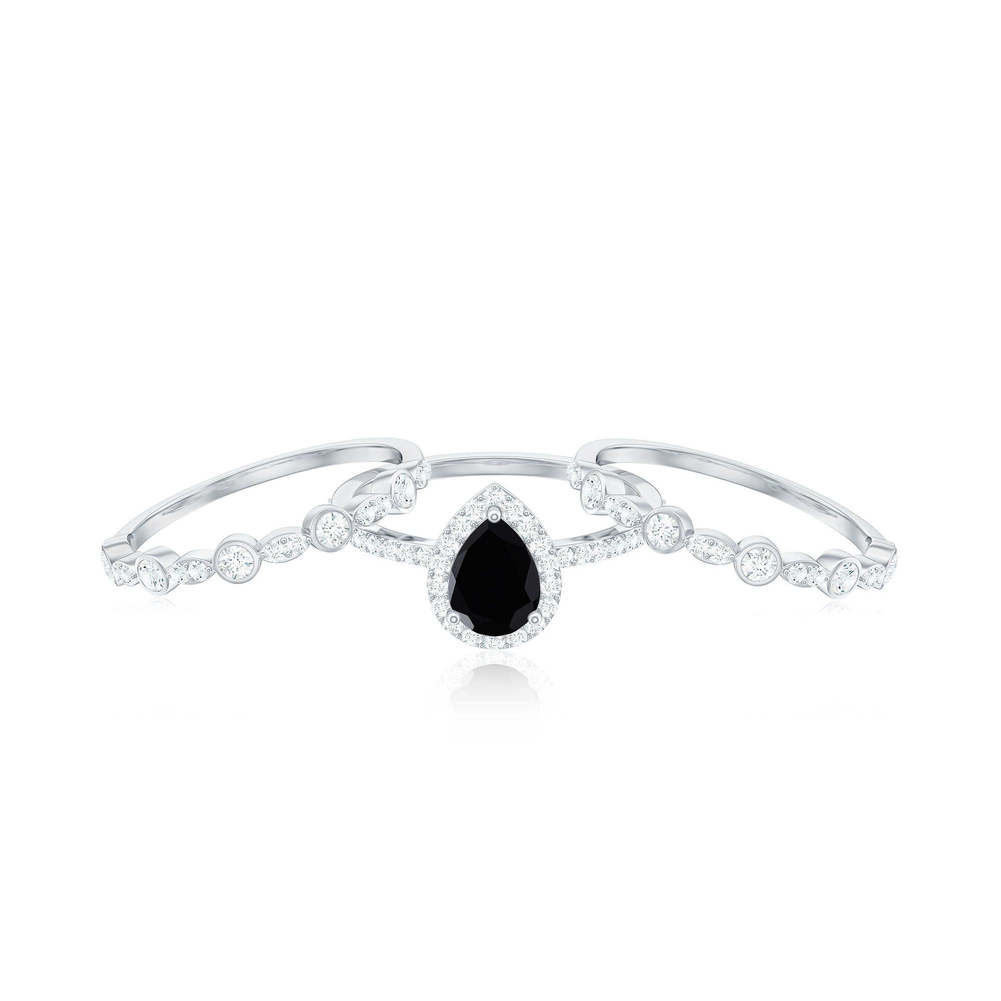 Natural Pear Shape Black Spinel Moissanite Bridal Ring Set of 3