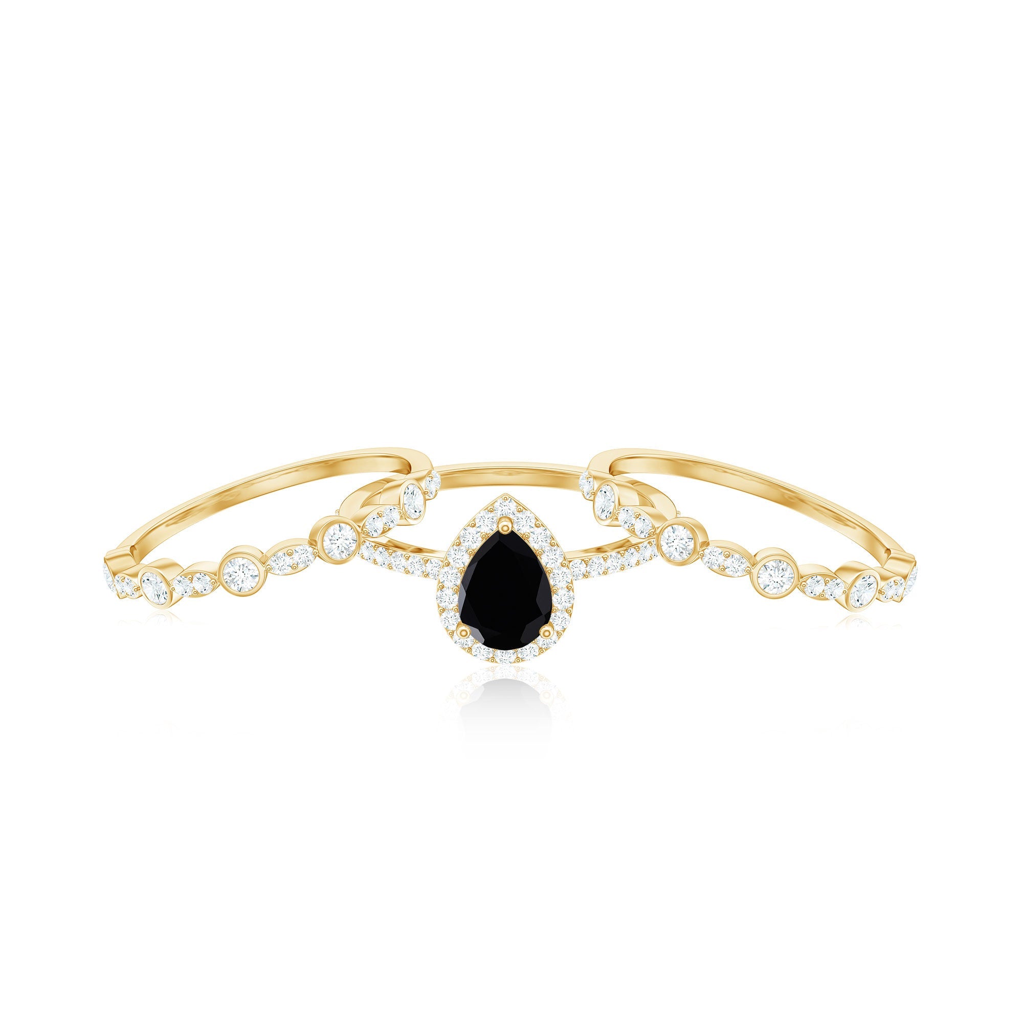 Natural Pear Shape Black Spinel Moissanite Bridal Ring Set of 3