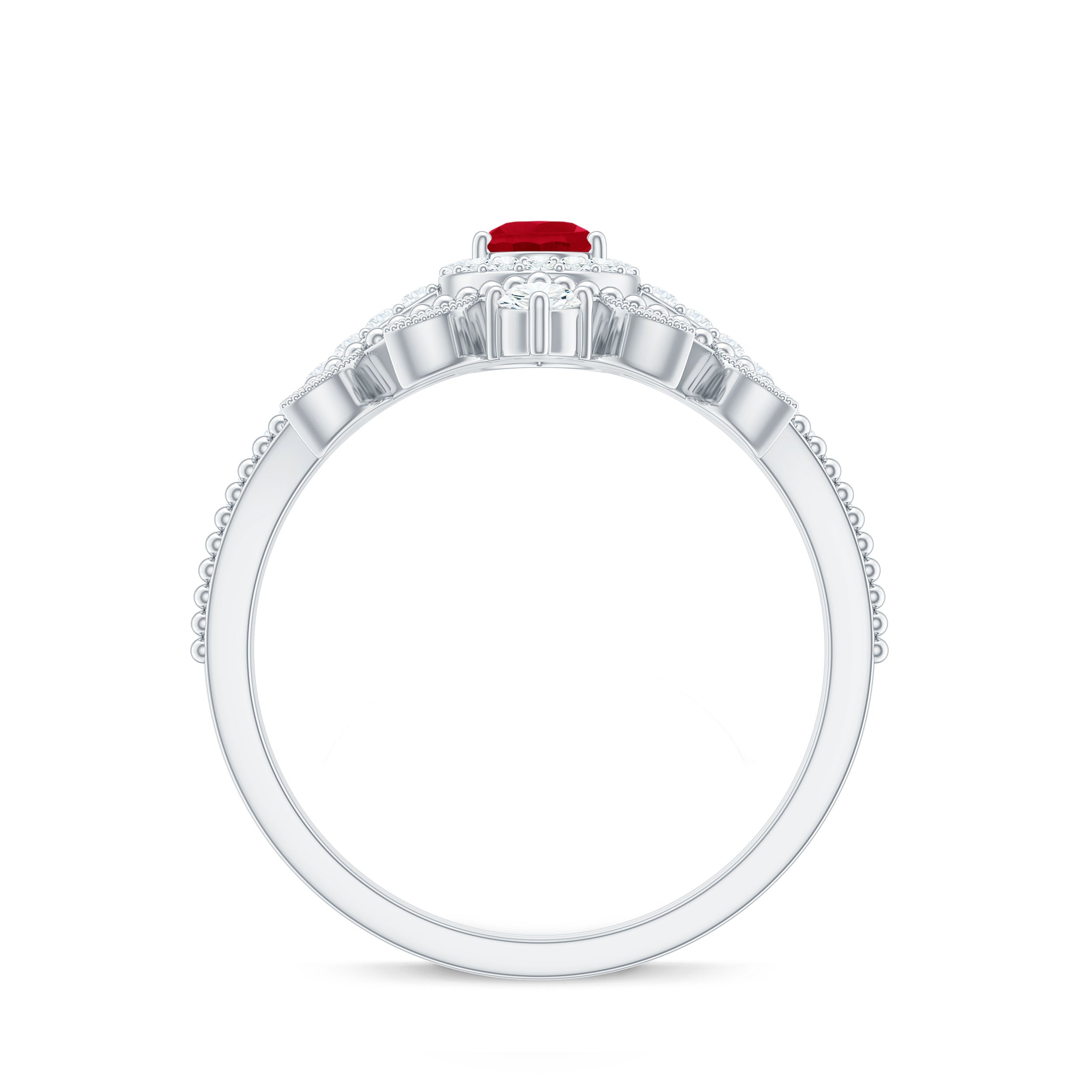 Vintage Looking Pear Shape Ruby Diamond Engagement Ring with Enhancer