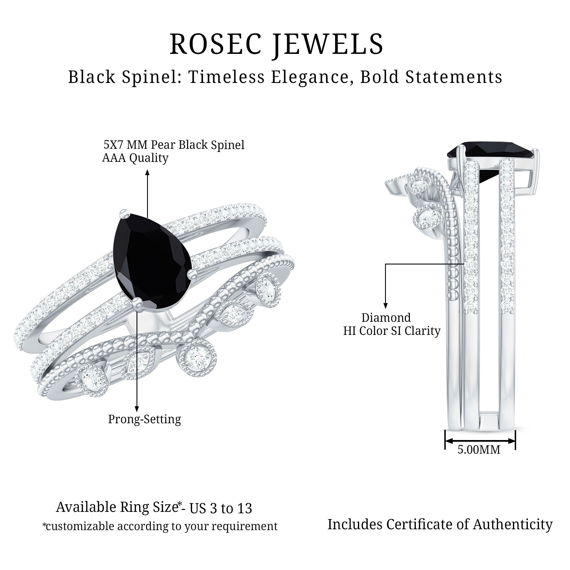 Vintage Style Black Spinel Diamond Wedding Ring Set for Women
