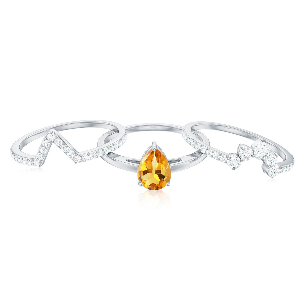 Natural Pear Shape Citrine Wedding Bridal Ring Set of 3 with Certificate