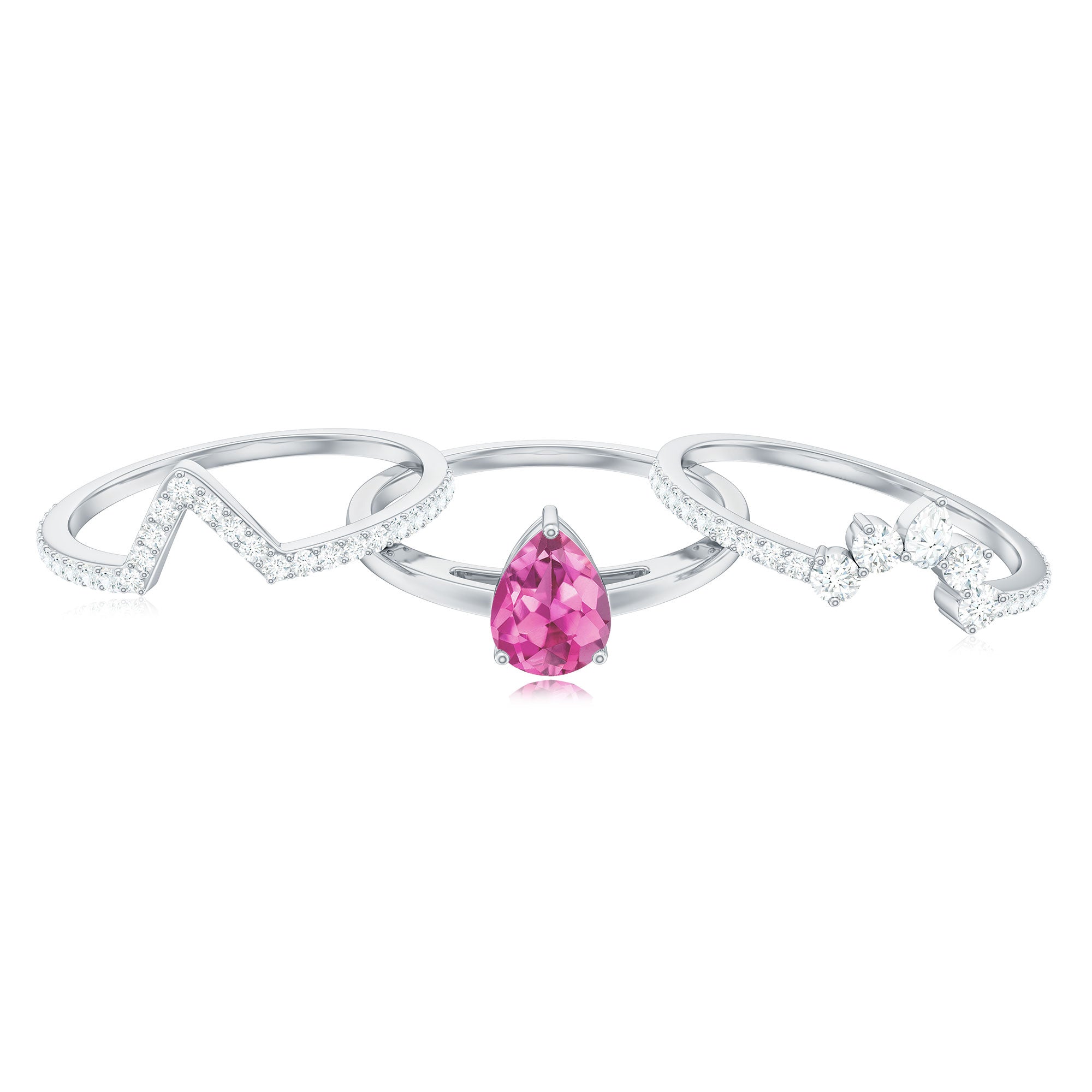 Pear Cut Pink Tourmaline Trio Wedding Ring Set with Moissanite