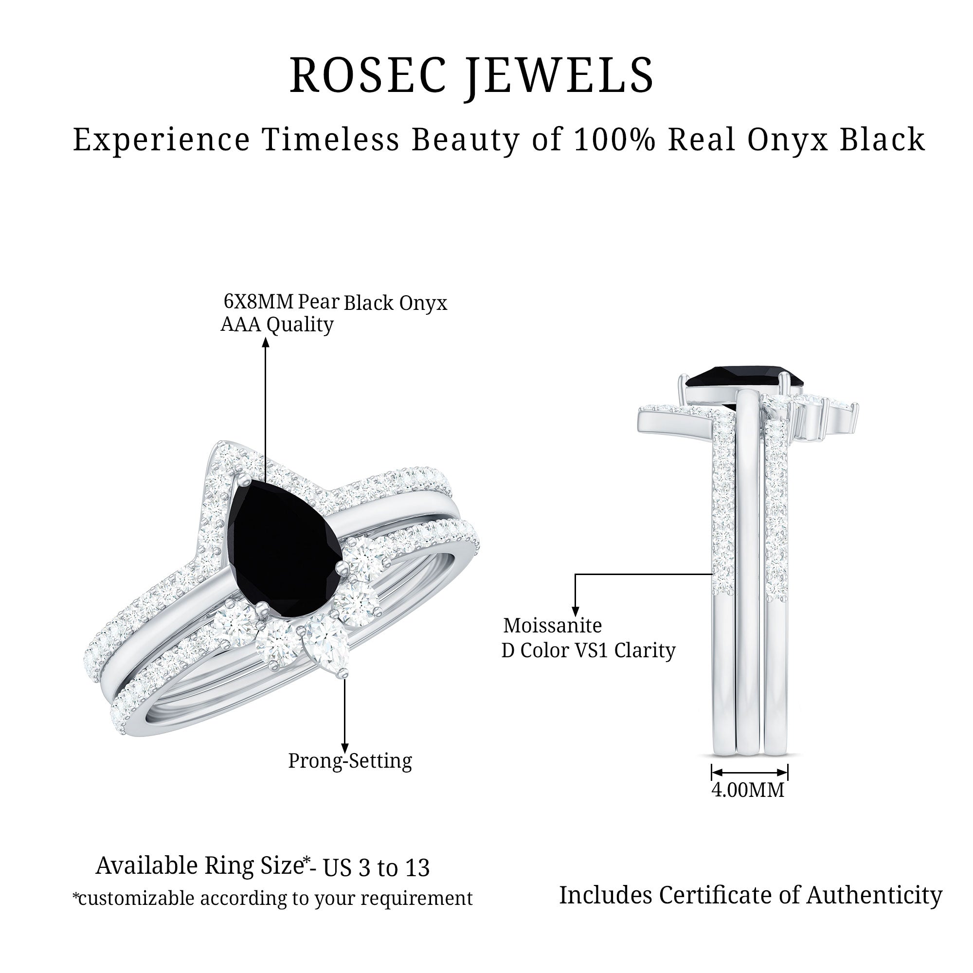 6X8mm Pear Shaped Black Onyx Engagement Ring With Ring Guards