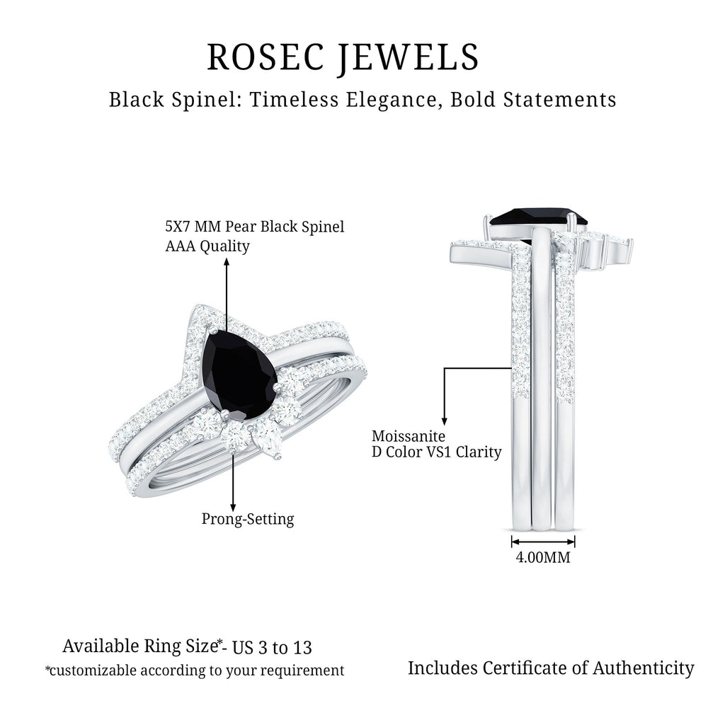 Certified Natural Black Spinel 3 Piece Wedding Ring Set with Moissanite