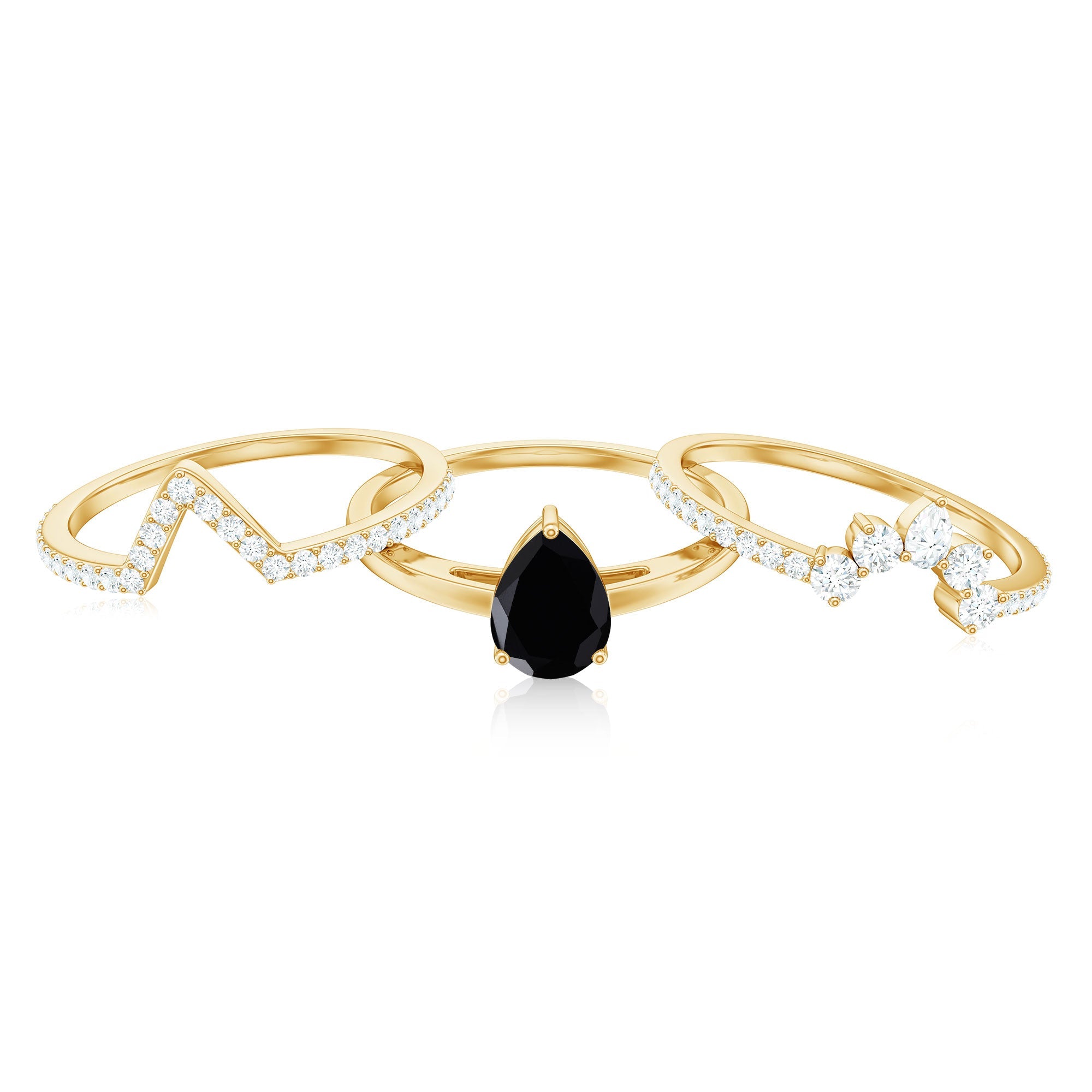 Certified Natural Black Spinel 3 Piece Wedding Ring Set with Moissanite