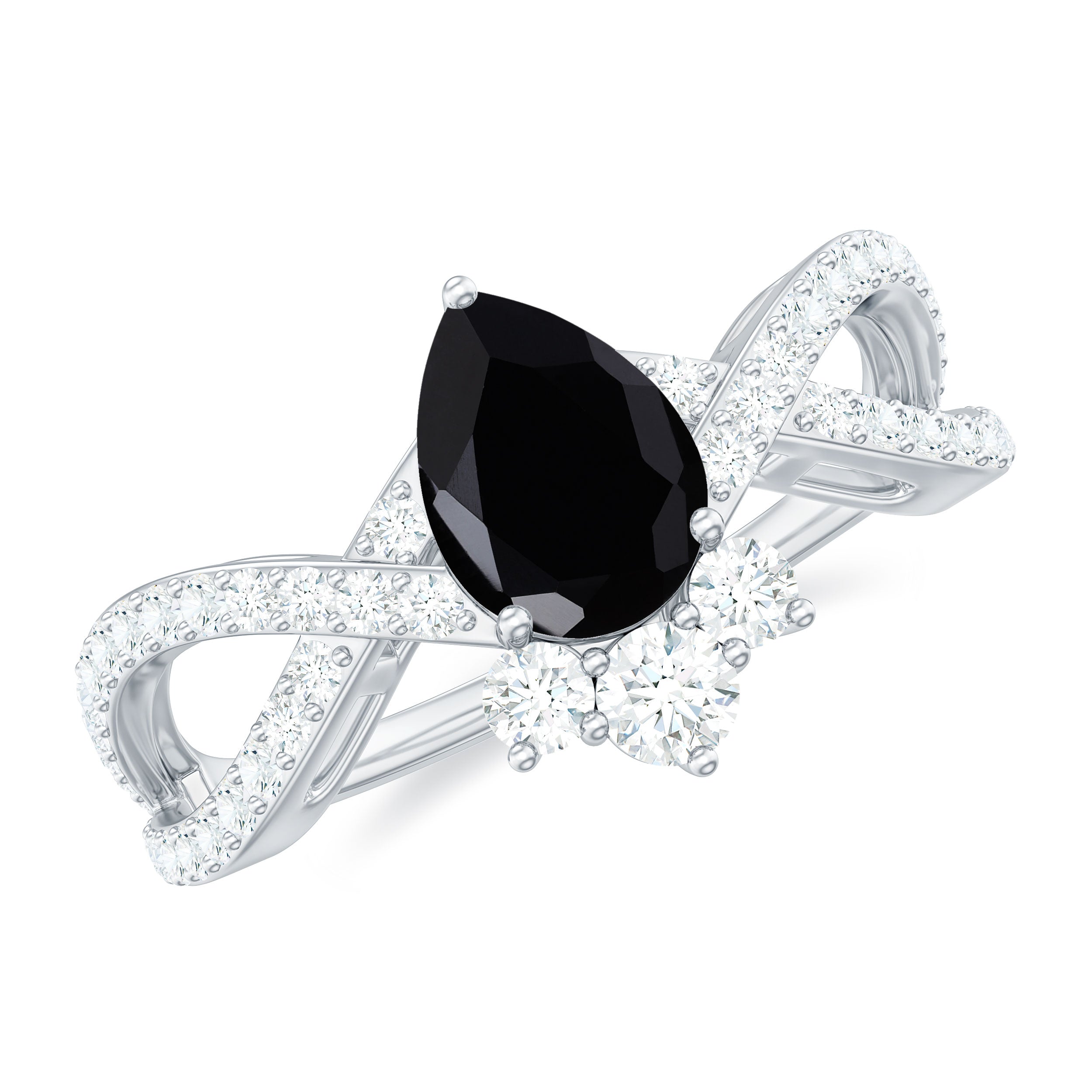 6X8mm Pear Shaped Black Onyx Designer Engagement Ring with Diamond