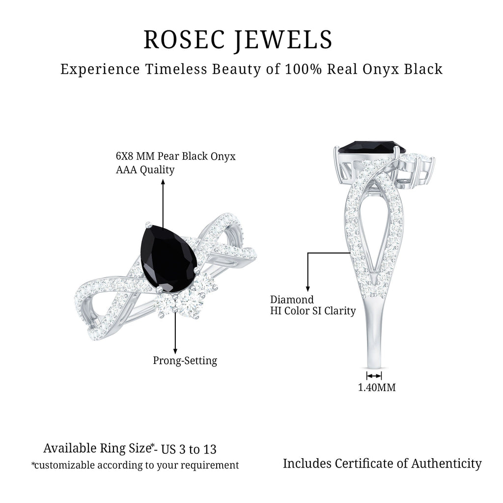 6X8mm Pear Shaped Black Onyx Designer Engagement Ring with Diamond