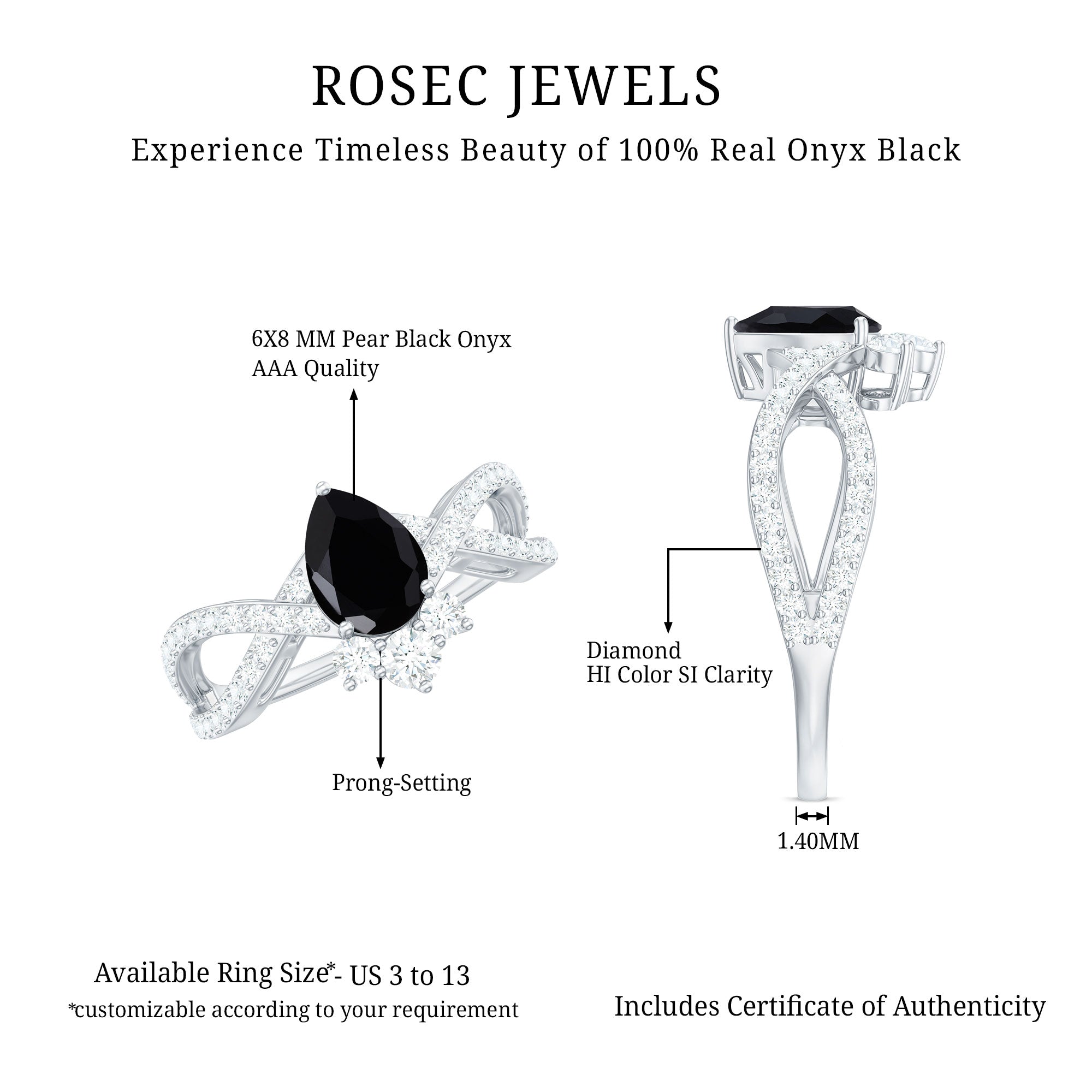 6X8mm Pear Shaped Black Onyx Designer Engagement Ring with Diamond