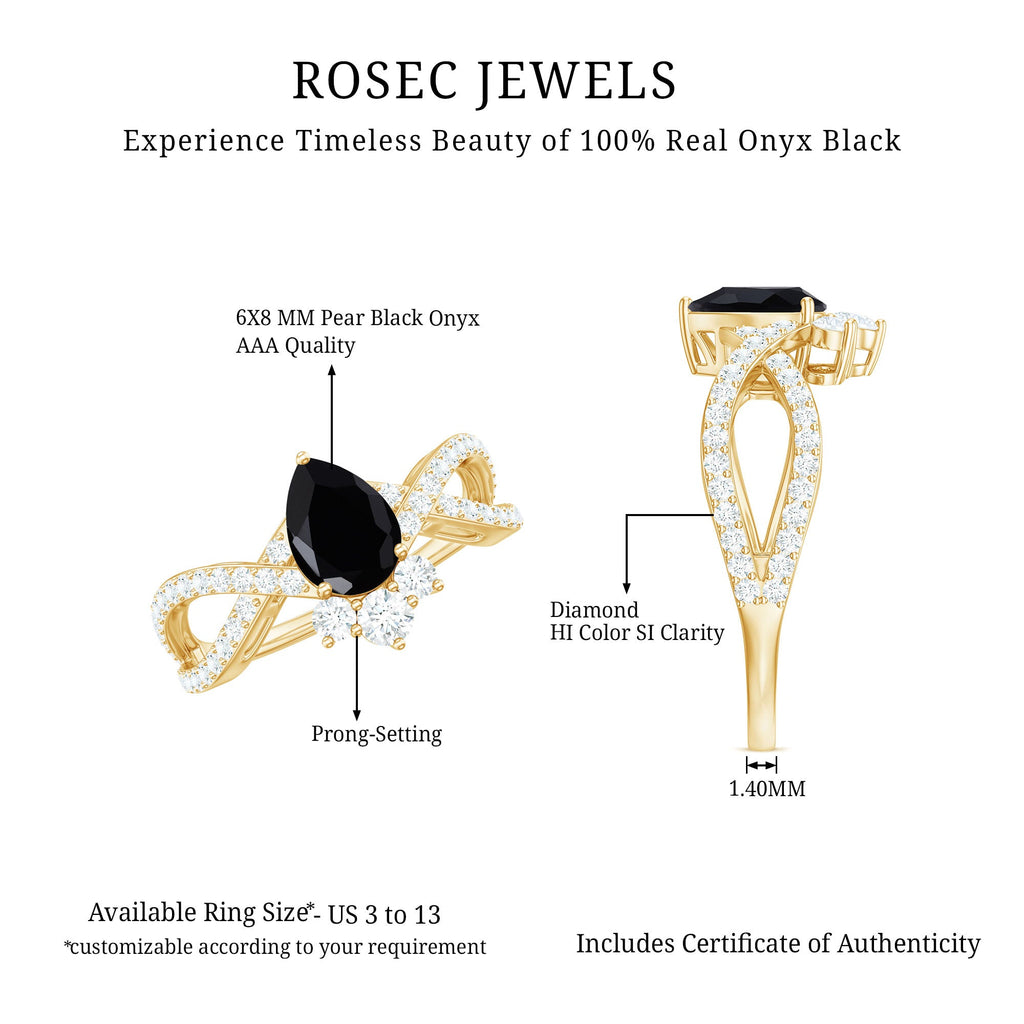 6X8mm Pear Shaped Black Onyx Designer Engagement Ring with Diamond