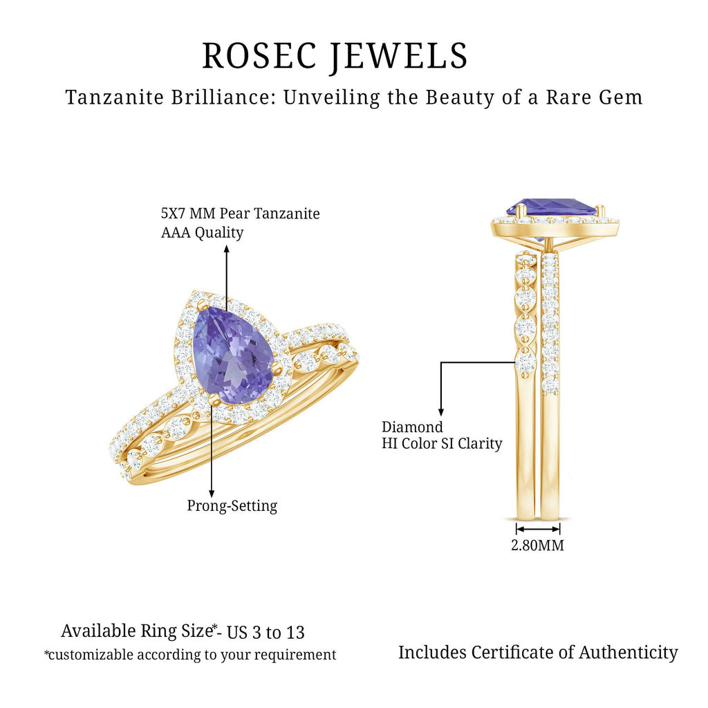 Natural Pear Shape Tanzanite Diamond Wedding Engagement Ring Set of 2
