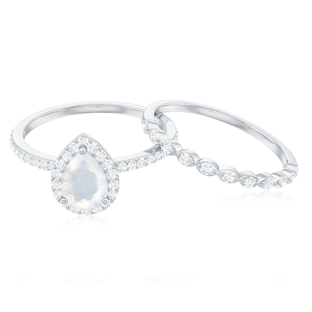 Teardrop Moonstone Bridal Ring Set with Diamond