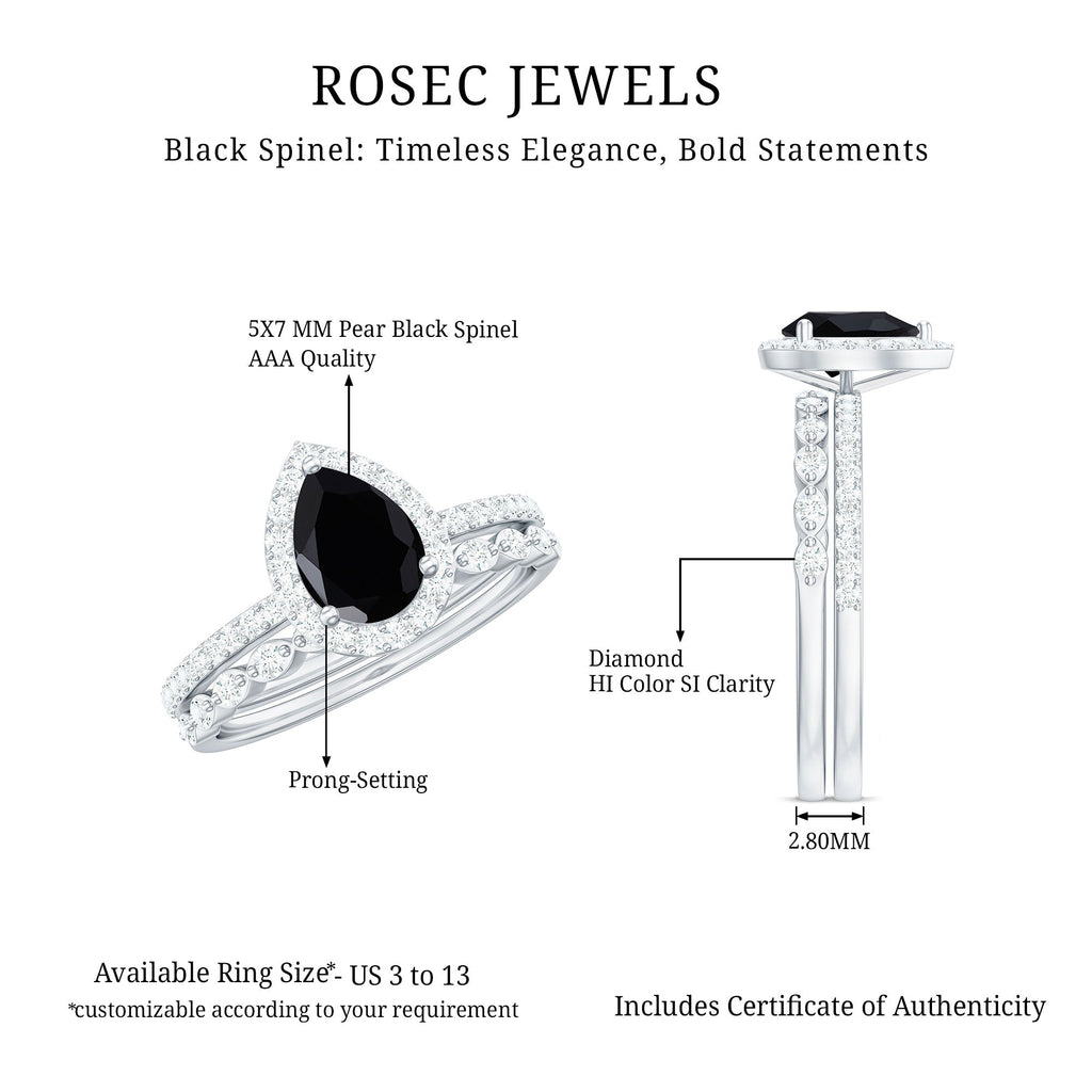 Natural Pear Shape Black Spinel Diamond Wedding Engagement Ring Set of 2