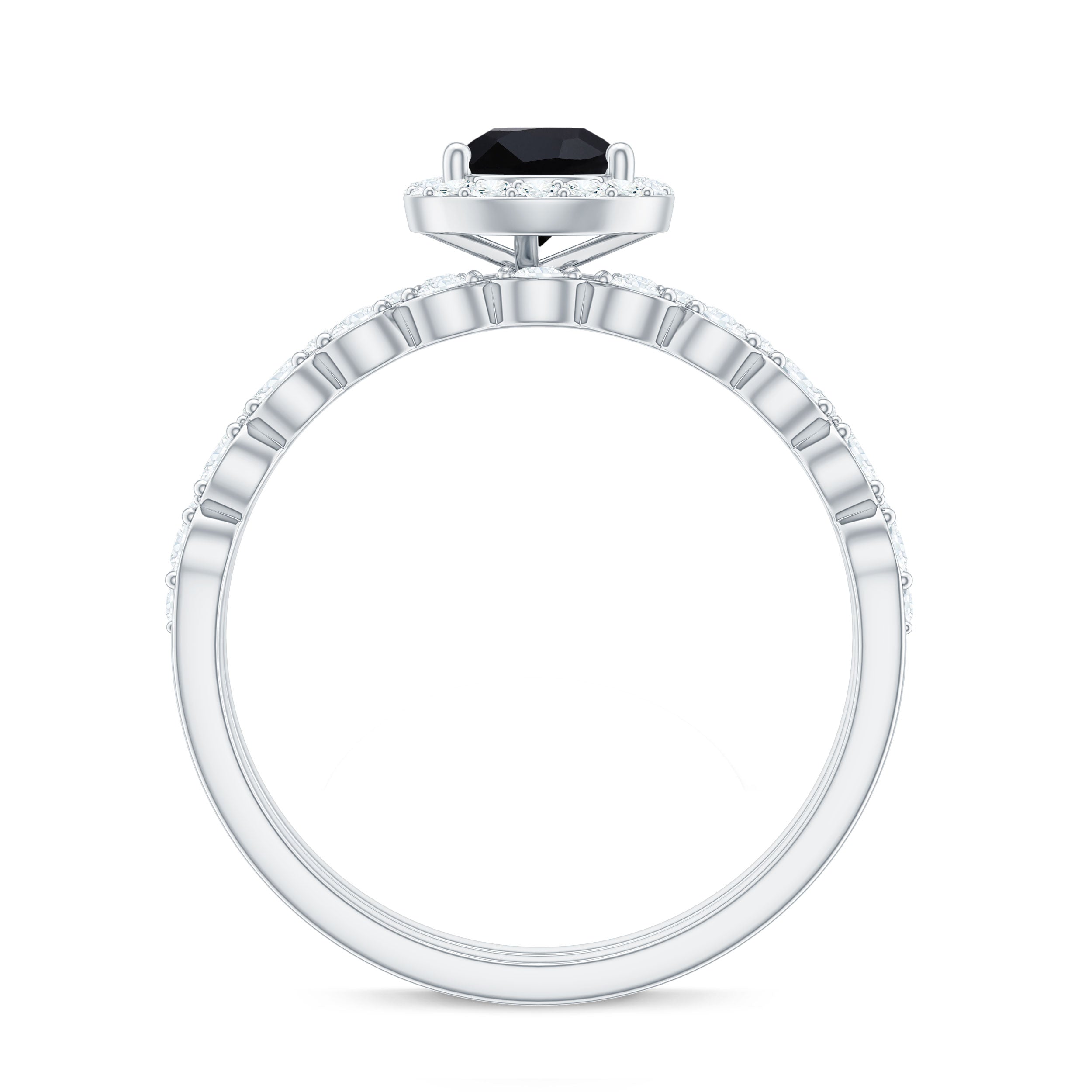 Natural Pear Shape Black Spinel Diamond Wedding Engagement Ring Set of 2