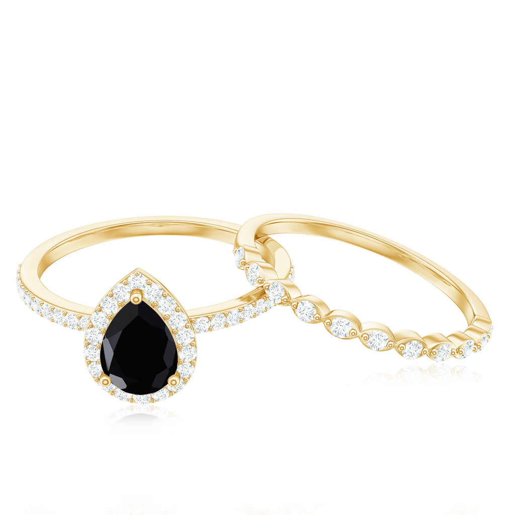 Natural Pear Shape Black Spinel Diamond Wedding Engagement Ring Set of 2