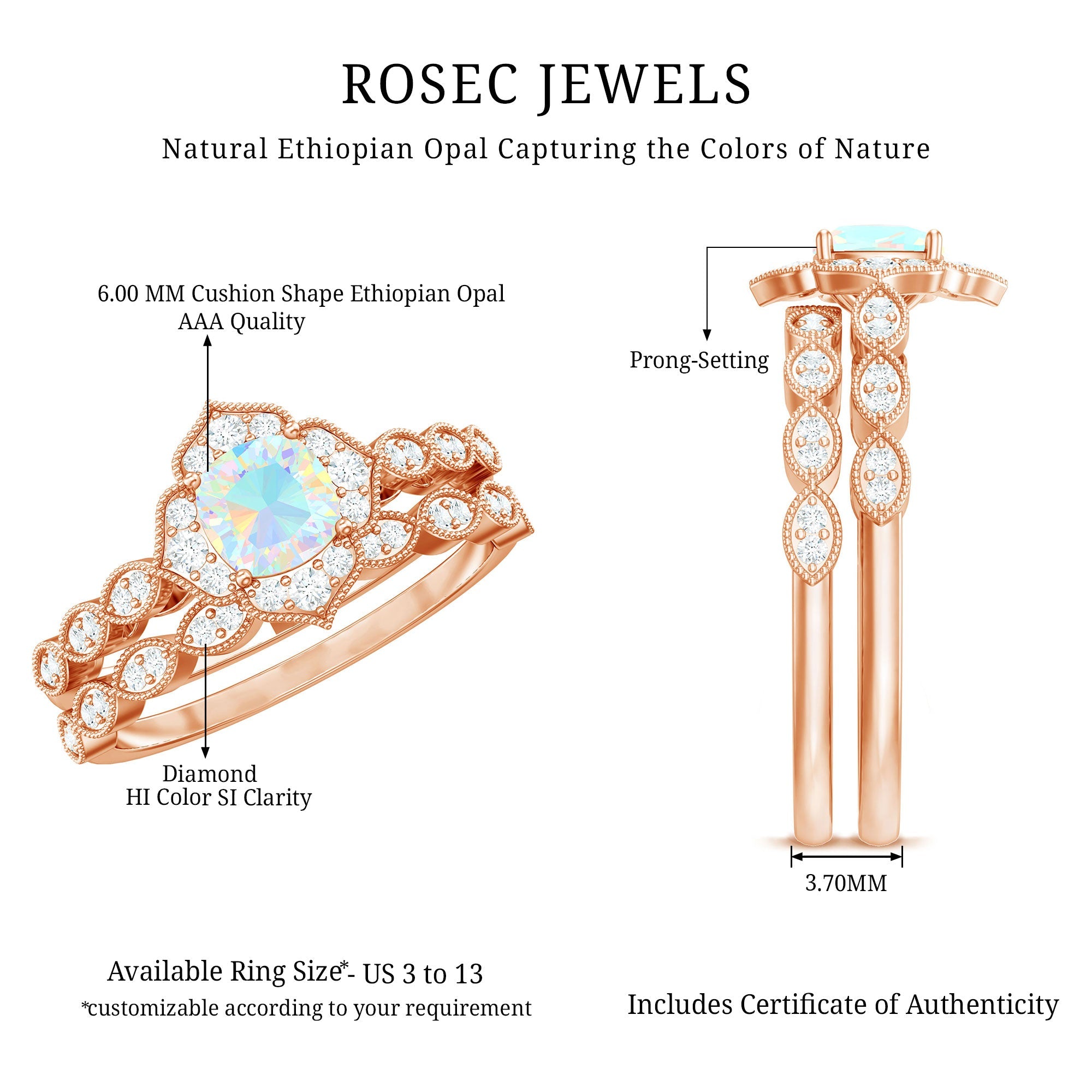 Vintage Inspired Ethiopian Opal Flower Engagement Ring with Wedding Band