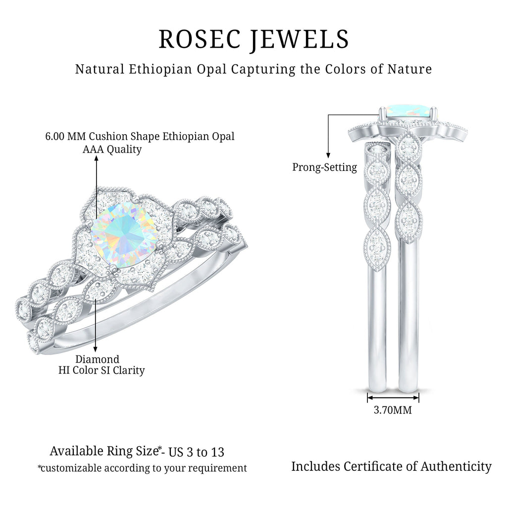 Vintage Inspired Ethiopian Opal Flower Engagement Ring with Wedding Band