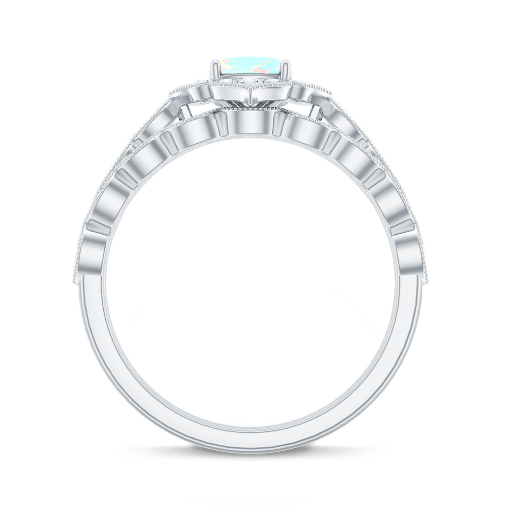 Vintage Inspired Ethiopian Opal Flower Engagement Ring with Wedding Band