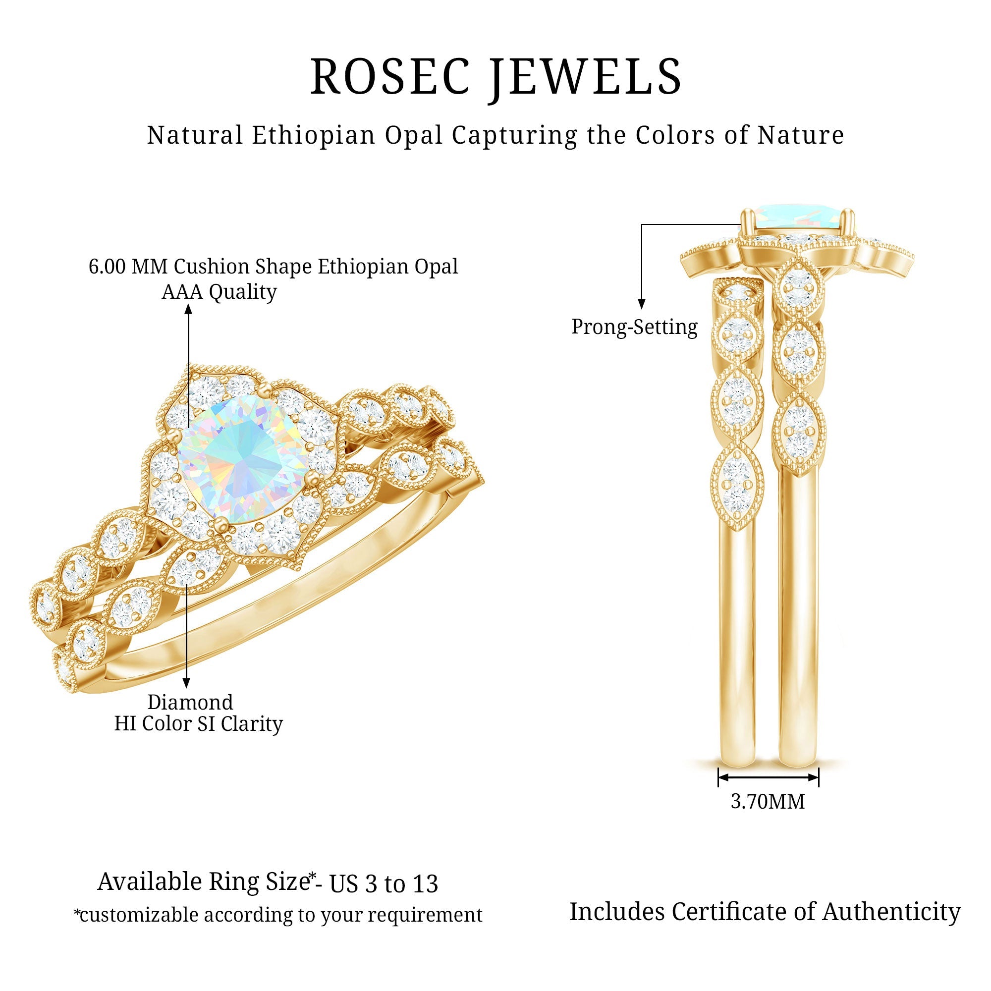 Vintage Inspired Ethiopian Opal Flower Engagement Ring with Wedding Band