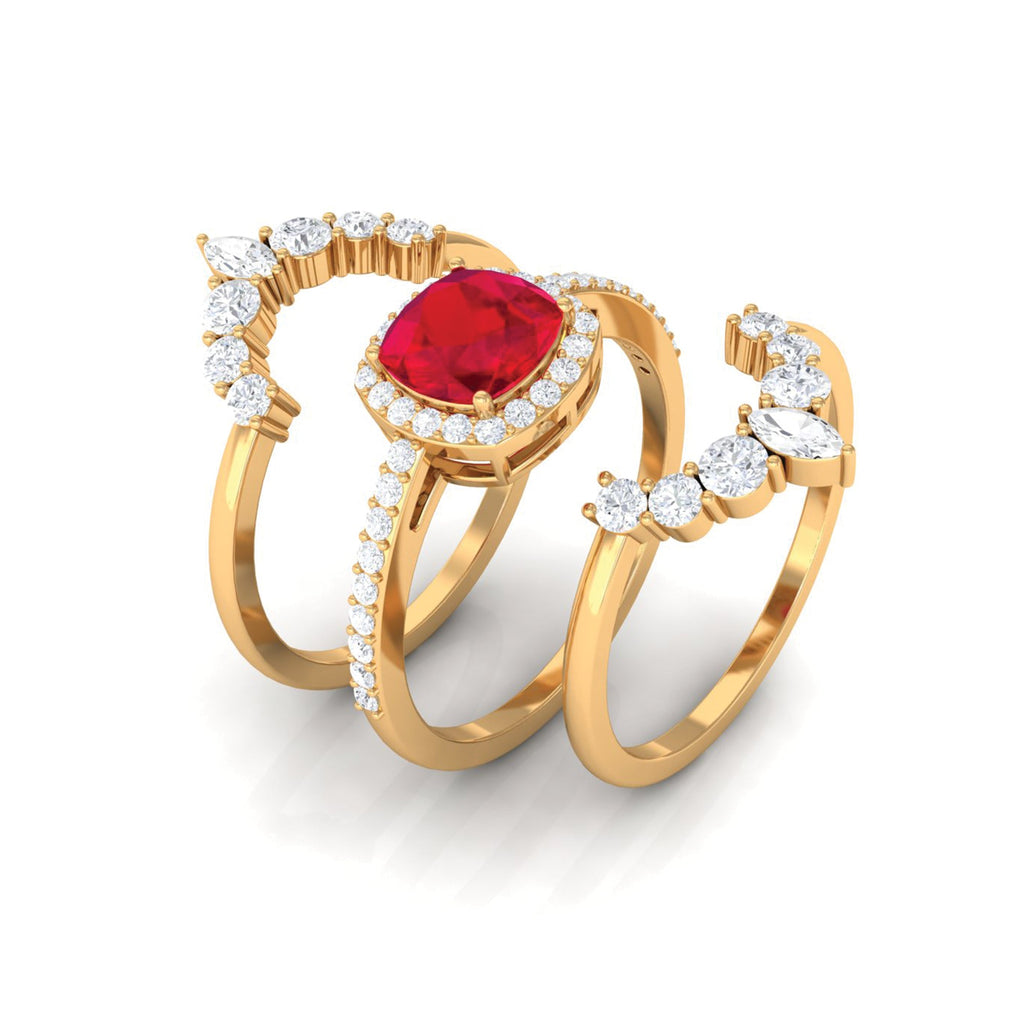 Certified Lab Grown Ruby 3 Piece Bridal Ring Set with Moissanite